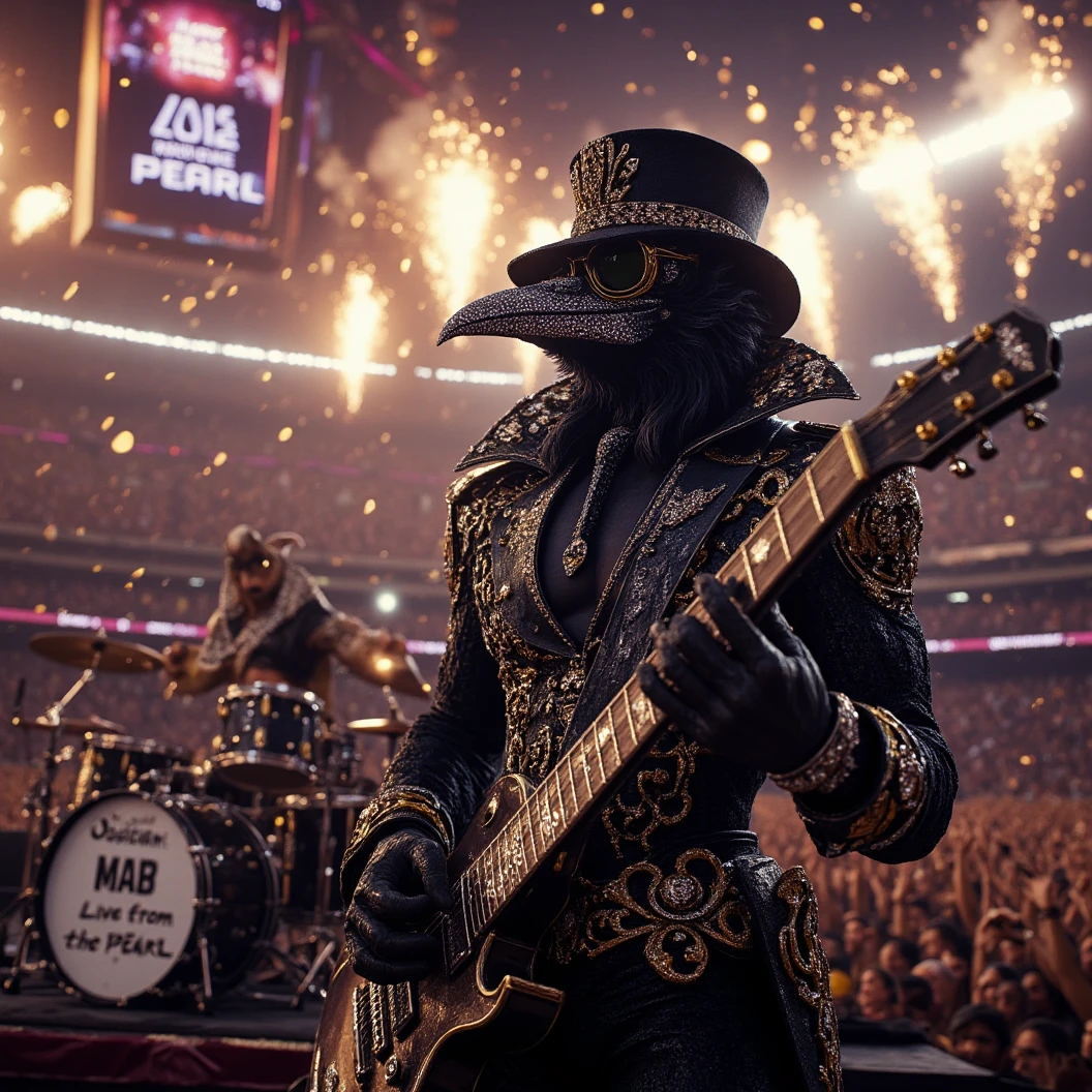 Muscular Anthropomorphic raven donned in intricate black suit with gold trim made of diamonds and a black diamond fedora. Diamonds cover his beak. Dynamically singing. Wears large sunglasses. Lead singer and guitarist of the band "Obsidian Rhythm Project" the name pronted on the bands drum set. Sings in to a retro style microphone while playing his guitar. Behind the open air stage, fireworks burst. Massive stadium concert, with a huge crowd cheering for him. The words "Happy New Year MAB!!! Live From The Pearl" flashes on the stadium jumbotron. Dynamic jazz band scene, dynamic pose, High Resolution, Masterpiece, Cinematic, Character Design, Hyperdetailed, Cinematography,  cinematic lighting, Depth Of Field, Sparkle, Ray Tracing, Image Fill, Dynamic Pose, old fashion microphone 