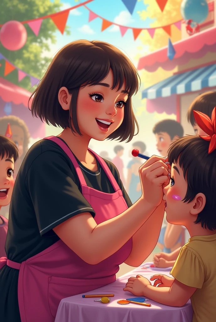 a young woman with long dark hair, with short straight bangs, She has a nose ring and lots of tattoos. He is of medium build, She is sitting on a chair wearing a multi-colored t-shirt and has a box of paints and brushes next to her.. The woman is painting on the cheek of one of the children sitting in front of her. It's a festive atmosphere, There are balloons and the children wait their turn