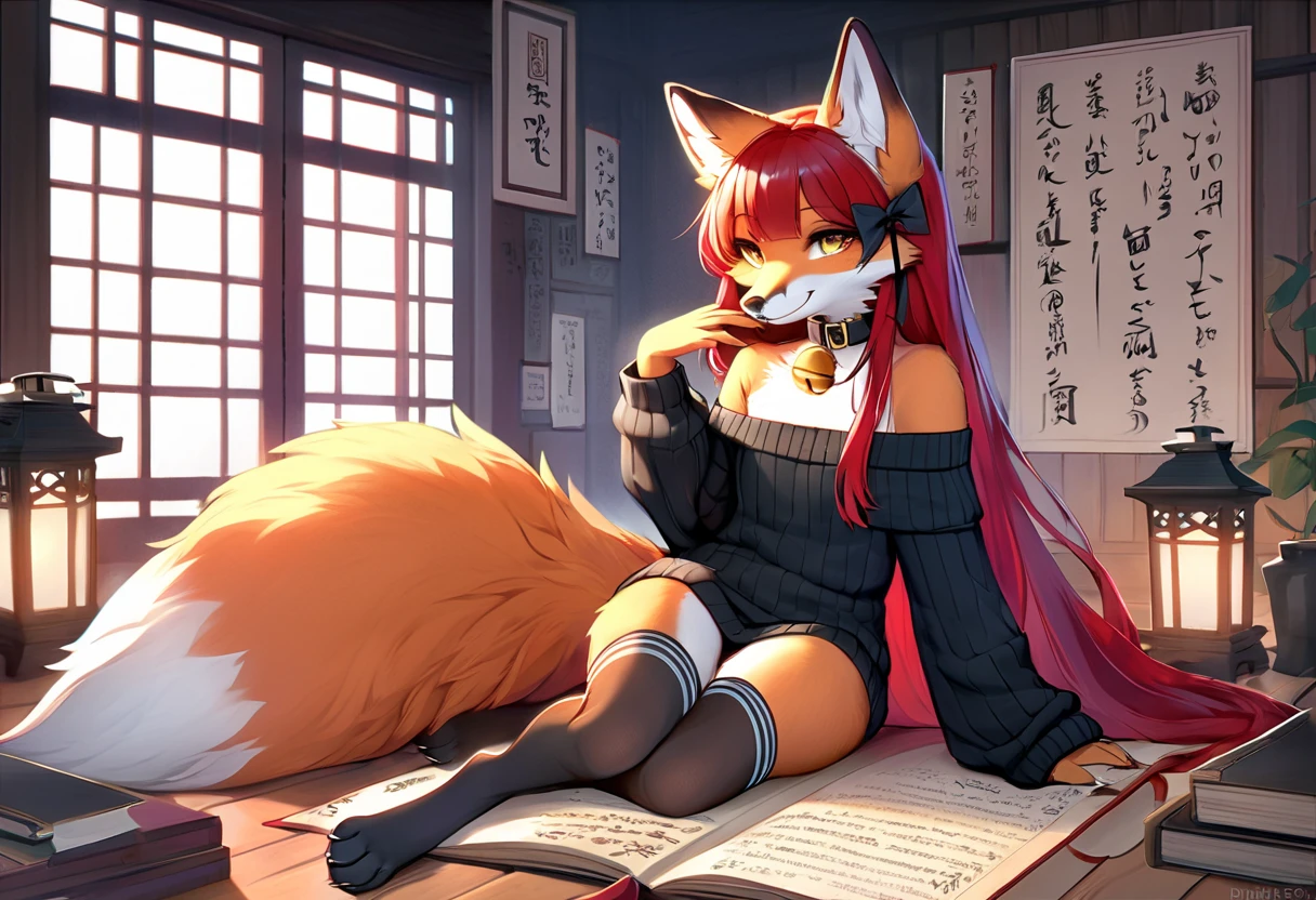 full body、Solo、unpralleled masterpiece、Detailed、 Beautiful、 score_9、 score_8_up、 score_7_up、moody atmosphere、mysterious、fox、anthro、furry、female、orange fur、(long hair、beautiful hair、dark scarlet red hair、side swept hair、bangs、hair bow in hair)、yellow eyes、(tuft of fur)、(digitigrade、claws、fox paws、exposed feet)、(foxy whiskers)、(heavily shaded orange body、dark black shading on body)、(sassy pose、sassy hips、sassy、flirtatious)、fluffy tail、(light smile、soft smile)、wearing (Black simple stylish long socks、non-transparent thigh highs、Black crop off shoulder sweater、Collar with gold bell)、night、indoors、(dimly lit room、dark room、dark room illuminated by lantern)、(divine letters with incantations on wall、open book with calligraphy written on it)、fog、looking at viewer with adoration, lying on the floor