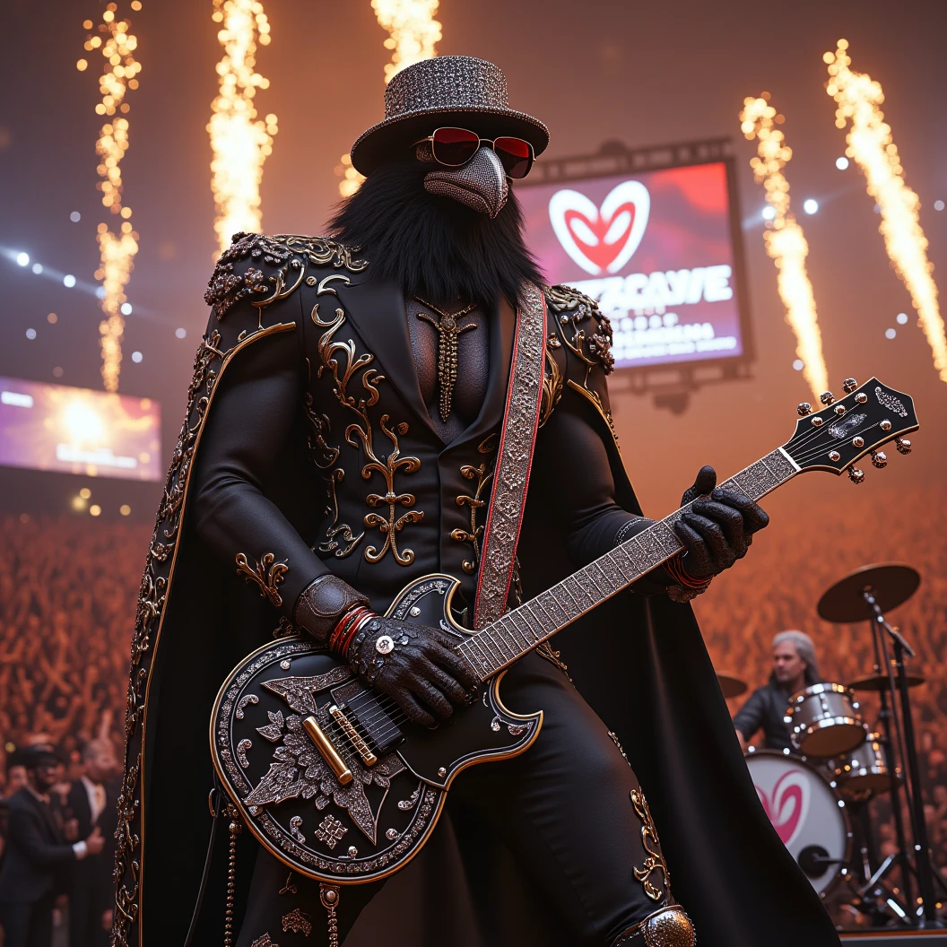 Muscular Anthropomorphic raven donned in intricate black suit with gold trim made of diamonds and a black diamond fedora. Diamonds cover his beak. Dynamically singing. Wears large sunglasses. Lead singer and guitarist of the band "Obsidian Rhythm Project" the name pronted on the bands drum set. Sings in to a retro style microphone while playing his guitar. Behind the open air stage, fireworks burst. Massive stadium concert, with a huge crowd cheering for him. The words "Happy New Year MAB!!! Live From The Pearl" flashes on the stadium jumbotron. Dynamic jazz band scene, dynamic pose, High Resolution, Masterpiece, Cinematic, Character Design, Hyperdetailed, Cinematography,  cinematic lighting, Depth Of Field, Sparkle, Ray Tracing, Image Fill, Dynamic Pose, old fashion microphone 