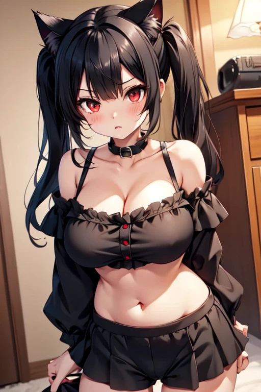  black hair　cat ears　　black ruffle off-the-shoulder　 hotpants　　Red Eye　 twin tails　Belly button　　 huge breasts