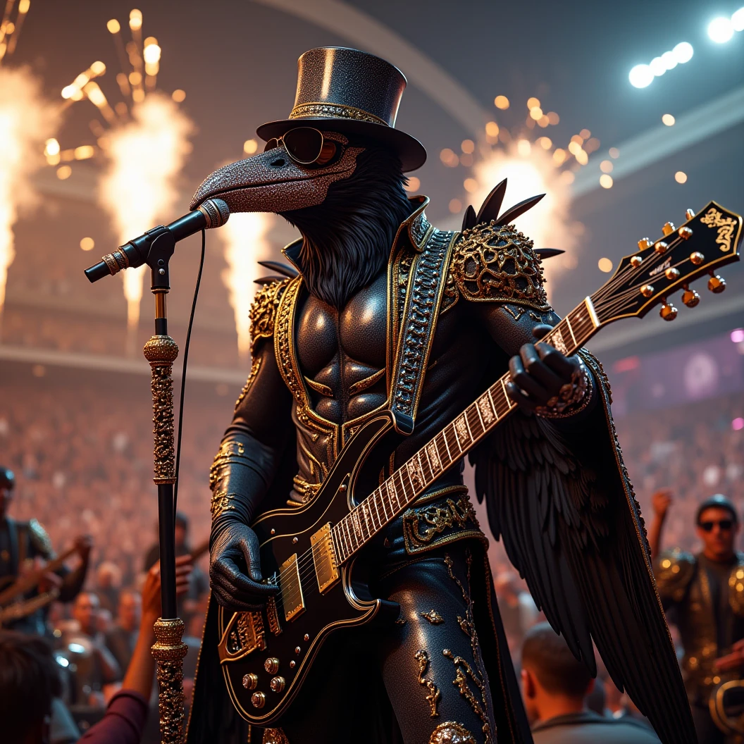 Muscular Anthropomorphic raven donned in intricate black suit with gold trim made of diamonds and a black diamond fedora. Diamonds cover his beak. Dynamically singing. Wears large sunglasses. Lead singer and guitarist of the band "Obsidian Rhythm Project" the name pronted on the bands drum set. Sings in to a retro style microphone while playing his guitar. Behind the open air stage, fireworks burst. Massive stadium concert, with a huge crowd cheering for him. The words "Happy New Year MAB!!! Live From The Pearl" flashes on the stadium jumbotron. Dynamic jazz band scene, dynamic pose, High Resolution, Masterpiece, Cinematic, Character Design, Hyperdetailed, Cinematography,  cinematic lighting, Depth Of Field, Sparkle, Ray Tracing, Image Fill, Dynamic Pose, old fashion microphone 