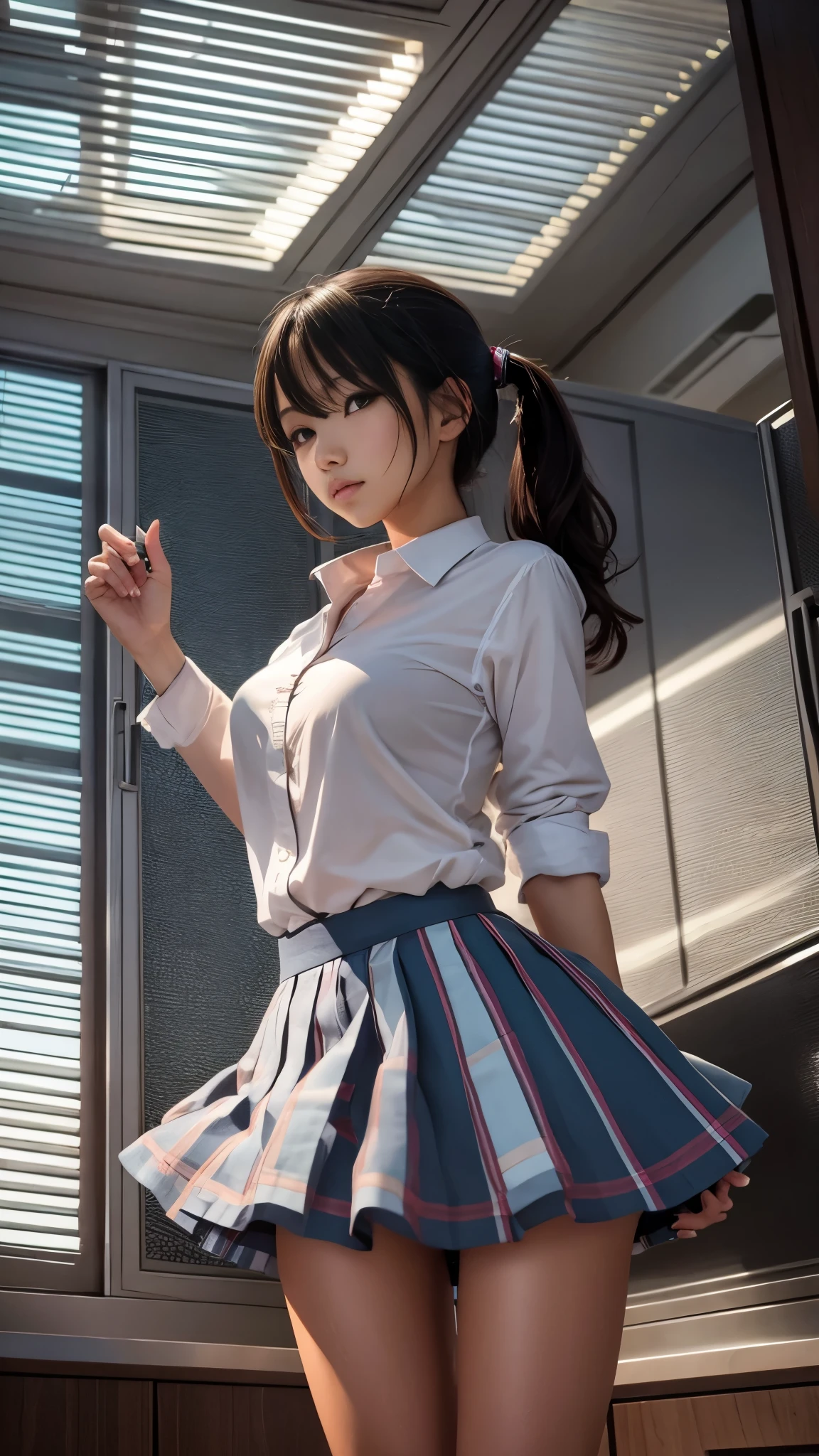 masterpiece, High Quality , high res, 8k, Volume Light , subsurface scattering, from below, beautiful women, Dark Skin, Filipino, Japanese high school girl uniform, unbuttoned , twirling pigtails between legs, office, big window,