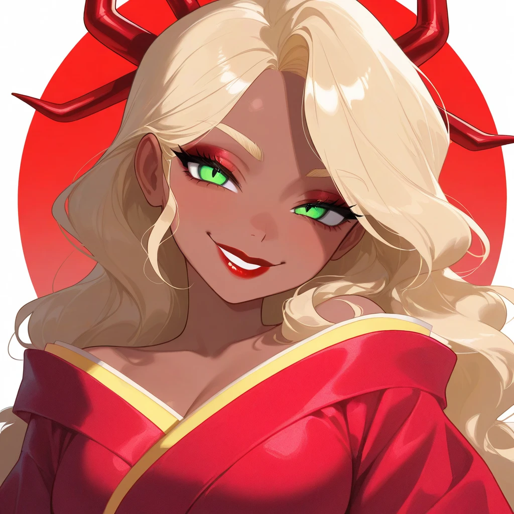 OC, female, semi realism, dark tanned skin, red lips, blonde eyebrows, perfect face, long wavy light Ashe blonde hair with bang, half-closed Green eyes, evil smile, red glamorous, sweet aesthetic, sexy kimono, mystic luminescent, sexy,