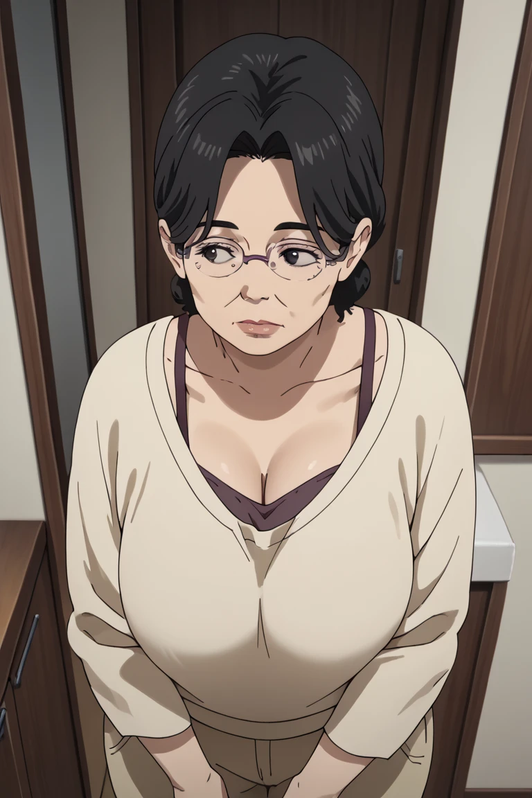 1 old woman, elderly, (black hair), black eyes, (plump:1.3), big breast, (saggy breast), long pants, (lean forward:1.2), from above, oversized downblouse, look away, Voyeurism, part of brown bra, big ass, full body,