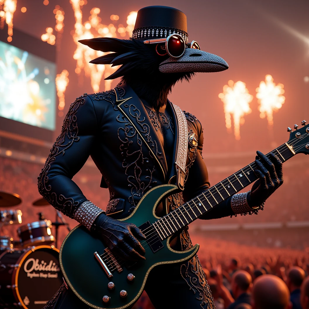 Muscular Anthropomorphic raven donned in intricate black suit with gold trim made of diamonds and a black diamond fedora. Diamonds cover his beak. Dynamically singing. Wears large sunglasses. Lead singer and guitarist of the band "Obsidian Rhythm Project" the name pronted on the bands drum set. Sings in to a retro style microphone while playing his guitar. Behind the open air stage, fireworks burst. Massive stadium concert, with a huge crowd cheering for him. The words "Happy New Year MAB!!! Live From The Pearl" flashes on the stadium jumbotron. Dynamic jazz band scene, dynamic pose, High Resolution, Masterpiece, Cinematic, Character Design, Hyperdetailed, Cinematography,  cinematic lighting, Depth Of Field, Sparkle, Ray Tracing, Image Fill, Dynamic Pose, old fashion microphone 