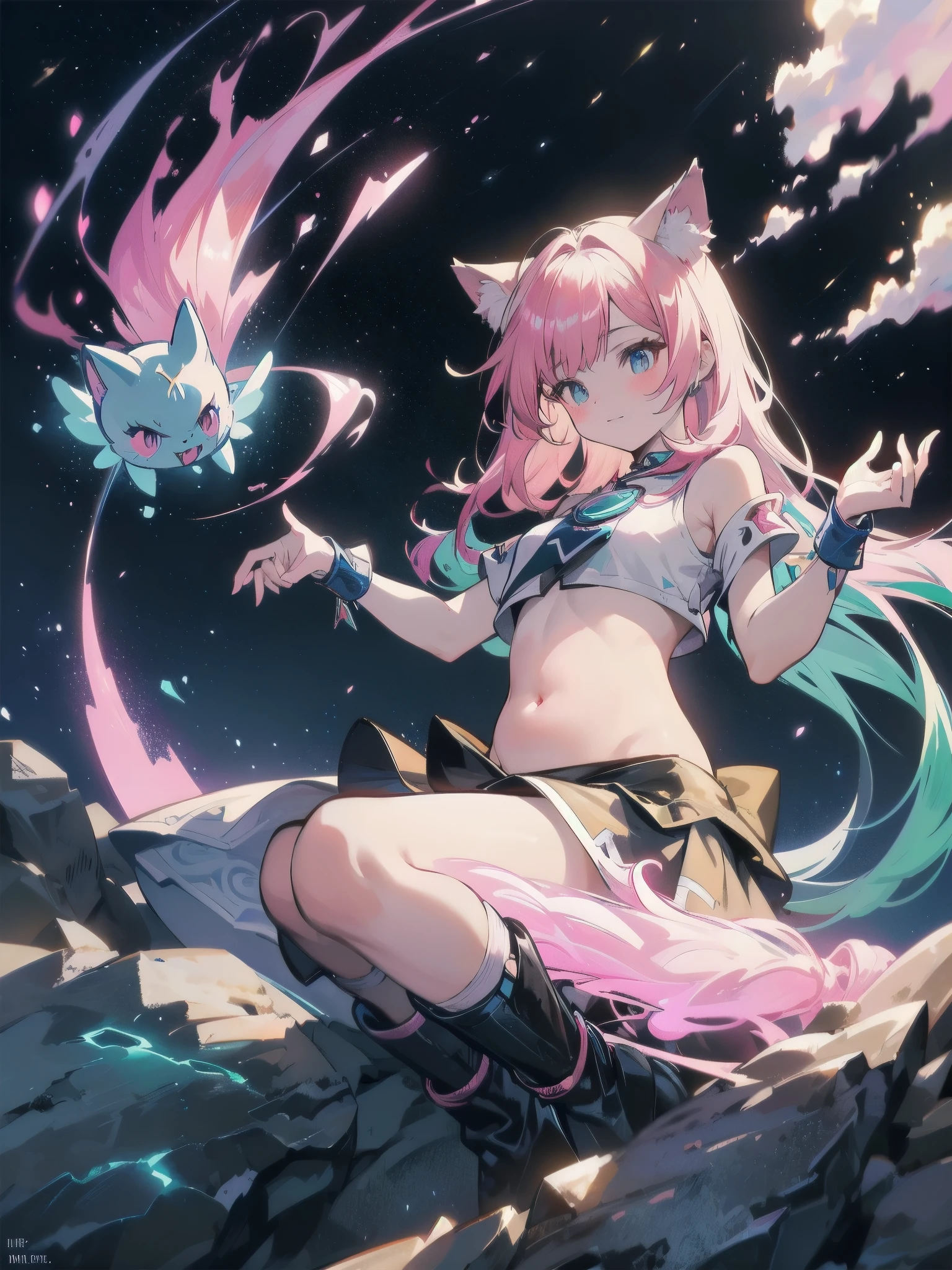 "anime girl, 1 person, pink hair, pink cat ears, pink eyes, t-shirt, white t-shirt, off-the-shoulder women's jacket, black miniskirt, big breasts, twin swords on the back, crystals on the back flying around, blushing, smiling triumphantly, solo, looking straight, standing cross-legged. (full HD 4K+ image)"