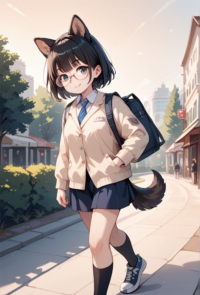 Black hair, glasses, dog ears, dog tail, walking on the riverbank