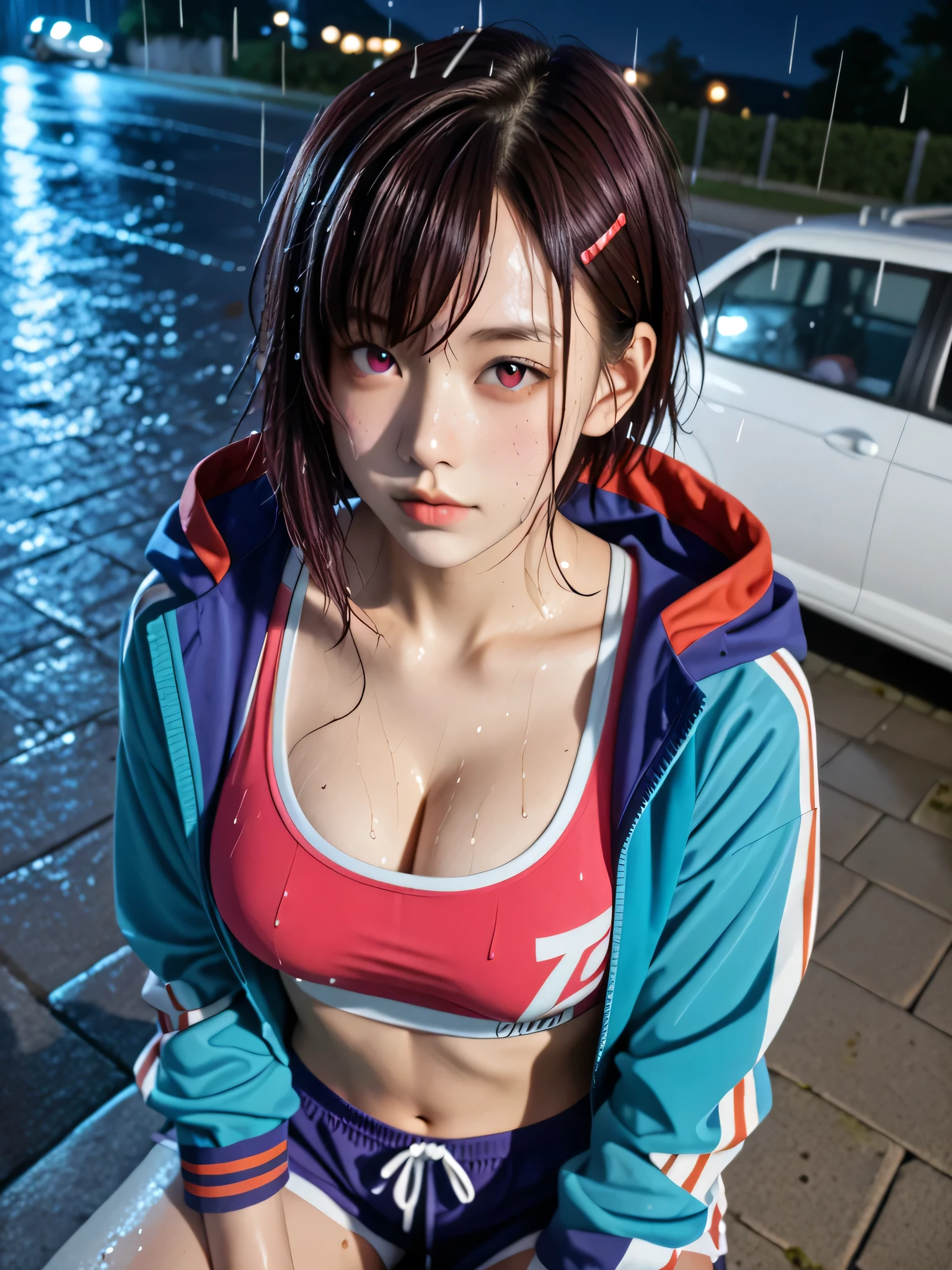 score_9, score_8_up, score_7_up, source_photo,
realistic,photo, dramatic shadows, dynamic angle, (sports bra:1.3), shizukamikazuki, shizuka mikazuki, short hair, dark purple hair, hair ornament, hairclip, pink eyes, swept bangs, navel, cleavage, jacket, open clothes, midriff, hood, open jacket, blue jacket, hooded jacket, sports bra, hood down, outdoors, village, (rural:1.3), (((zombies))), ((zombies:1.3)), night, dark, shadow, night sky, backlighting, depth of field, (((horror))), grabbing, shorts, perspective, sharp focus, Detailed face, big breasts, large breasts, ((solo)), busty, ((1girl)), beautiful breasts, beautiful ass, dynamic angle, cute face, ((perfect fingers)), (((night))), ((((soaked)))), drenched, ((((wet hair:1.3)))), ((((wet face:1.3)))), ((((dripping wet:1.3)))), (rain:1.6), (night:1.6), ((((arms on top)))), (((seductive pose))), (((sexy pose))), ((((surrounded by zombies)))), kneel, sitting, dark background, ((camper van)), (From above:1.6),