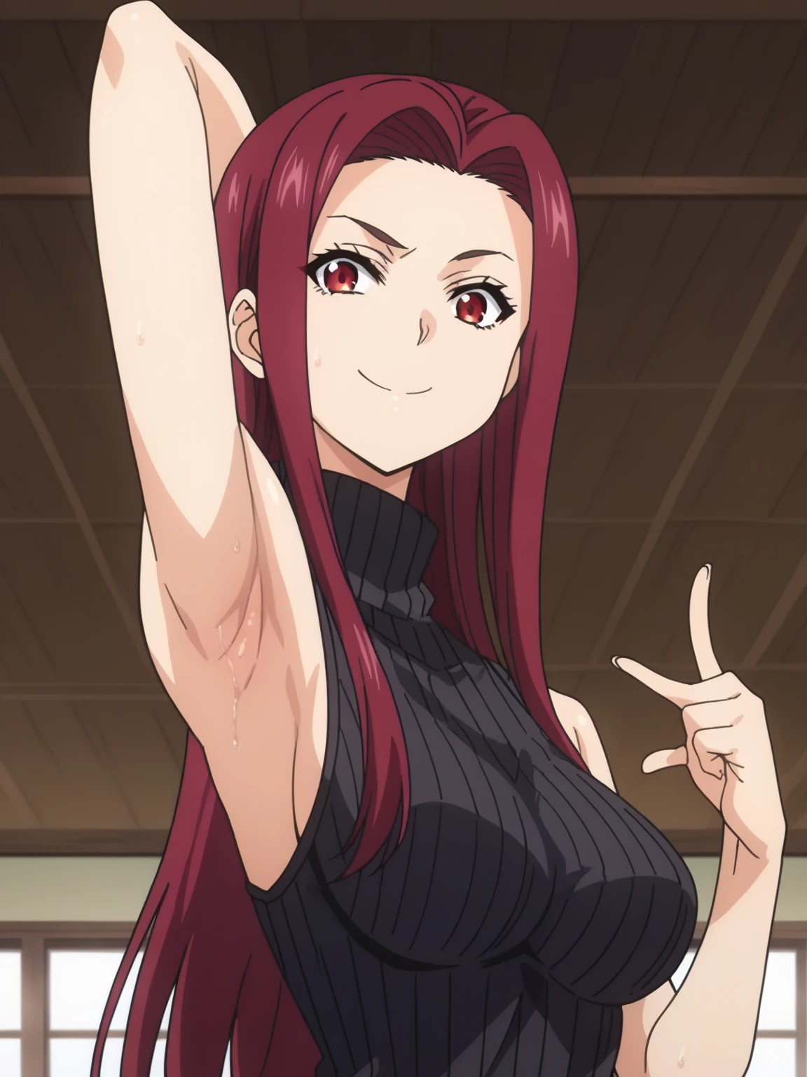 score_9, score_8_up, score_7_up, source_anime, anime screencap, 1girl, solo, ryouko sakaki, long hair, red hair, red eyes, black sweater, sleeveless sweater, ribbed sweater, turtleneck, sleeveless, bare shoulders, bare arms, arm behind head, armpit, looking at viewer, head towards viewer, smile, closed mouth, badhandv4, indoors, from side, from below, sweaty armpits