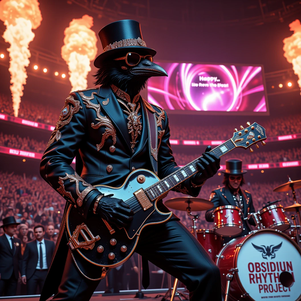 Muscular Anthropomorphic raven donned in intricate black suit with gold trim made of diamonds and a black diamond fedora. Diamonds cover his beak. Dynamically singing. Wears large sunglasses. Lead singer and guitarist of the band "Obsidian Rhythm Project" the name pronted on the bands drum set. Sings in to a retro style microphone while playing his guitar. Behind the open air stage, fireworks burst. Massive stadium concert, with a huge crowd cheering for him. The words "Happy New Year MAB!!! Live From The Pearl" flashes on the stadium jumbotron. Dynamic jazz band scene, dynamic pose, High Resolution, Masterpiece, Cinematic, Character Design, Hyperdetailed, Cinematography,  cinematic lighting, Depth Of Field, Sparkle, Ray Tracing, Image Fill, Dynamic Pose, old fashion microphone 