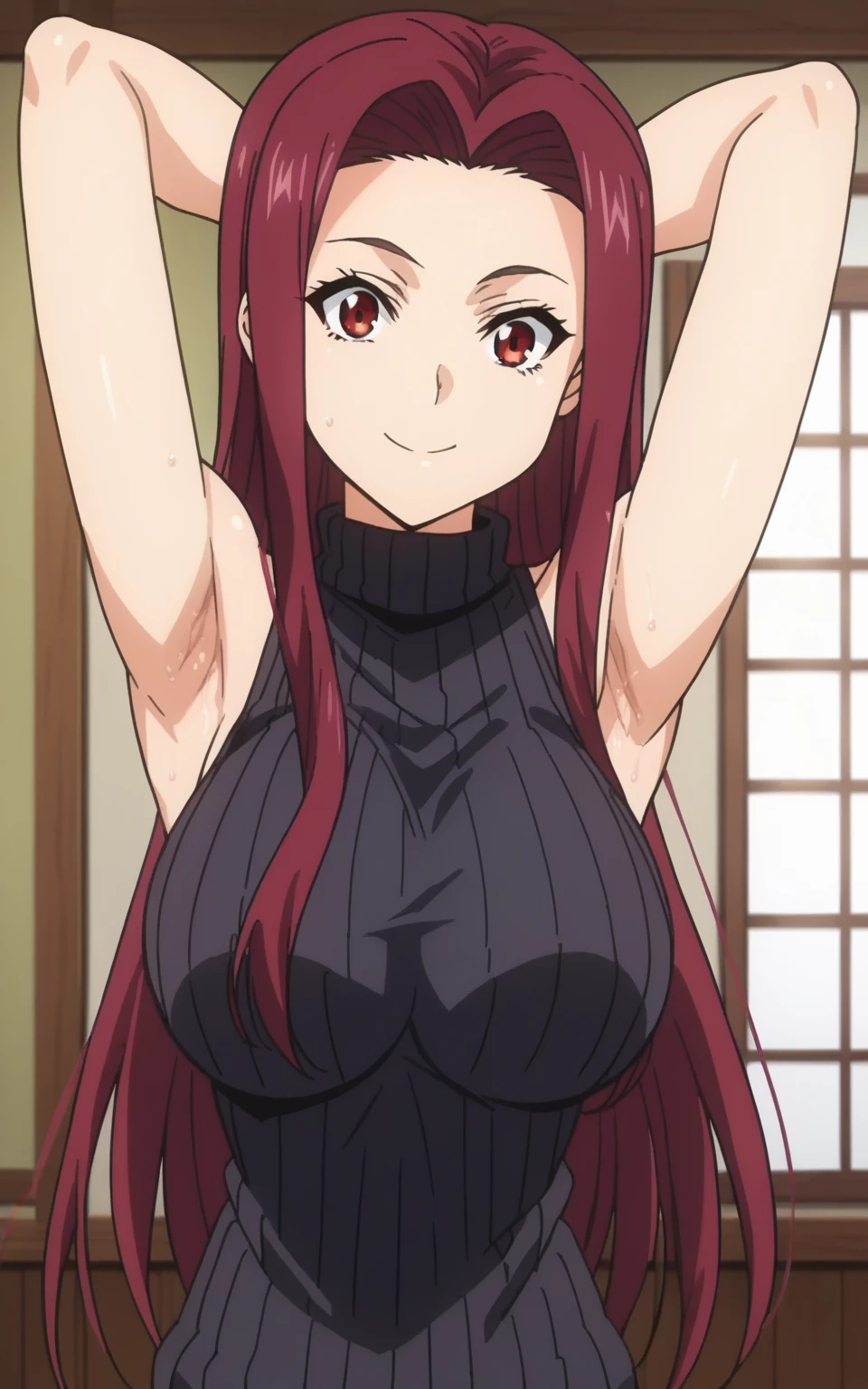 score_9, score_8_up, score_7_up, source_anime, anime screencap, 1girl, solo, ryouko sakaki, long hair, red hair, red eyes, large breasts, black sweater, sleeveless sweater, ribbed sweater, turtleneck, sleeveless, bare shoulders, bare arms, arms behind head, armpits, looking at viewer, head towards viewer, smile, closed mouth, badhandv4, indoors, sweaty armpits