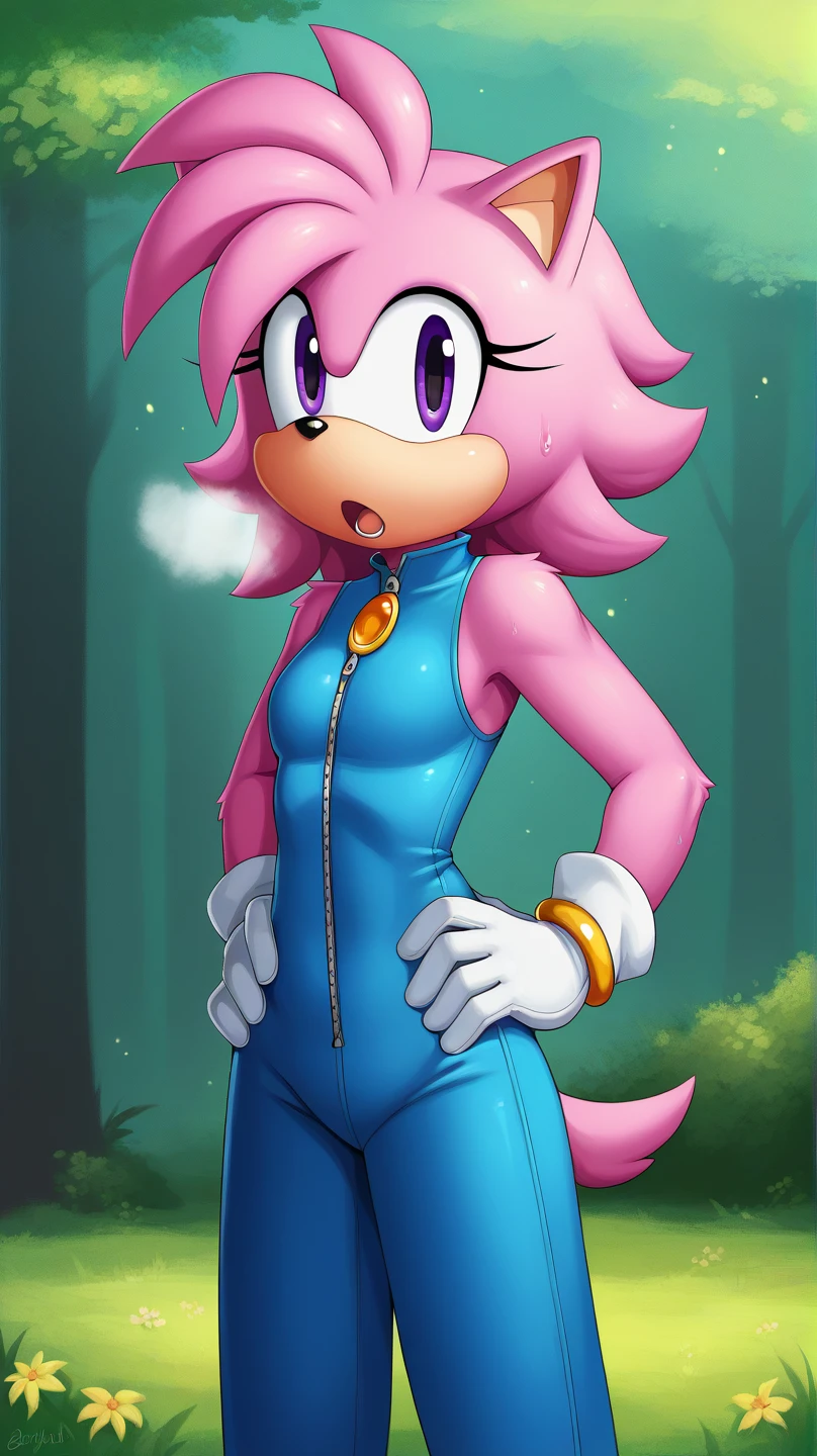  Julie-su The Echinda form sonic the hedgehog (series), (pink body/fur), (pink hair), (backround: forest), (detailed backround), (masterpiece), (high details), (facing the viewer:1.3), (looking at the viewer:1.3), (purple eyes),purple IncursioDipDyedHair,   blue jumpsuit, white gloves, sleeveless, hands on hips, open mouth, out of breath, sweaty, exhausted expression