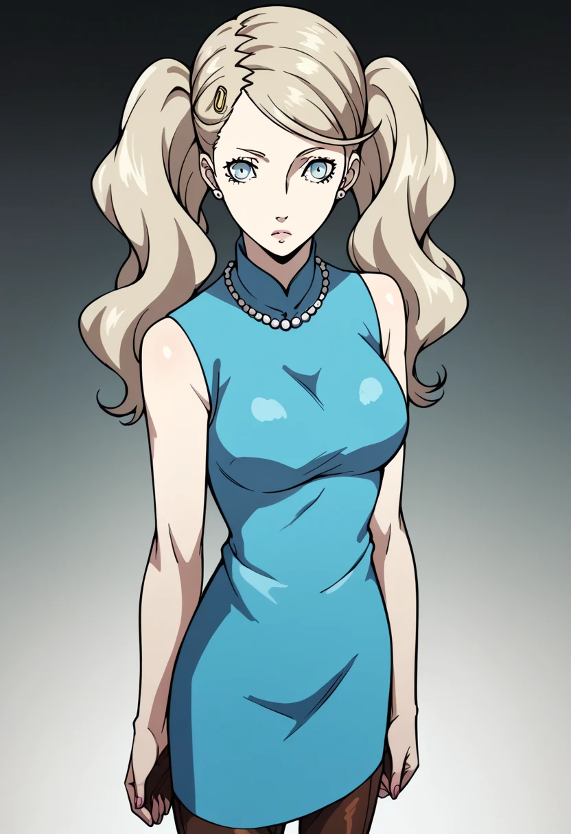 1girl, solo, Ann Takamaki, blonde hair, twintails, blue eyes, dress, sleeveless, necklace, looking at viewer, full body, large breasts, brown boots