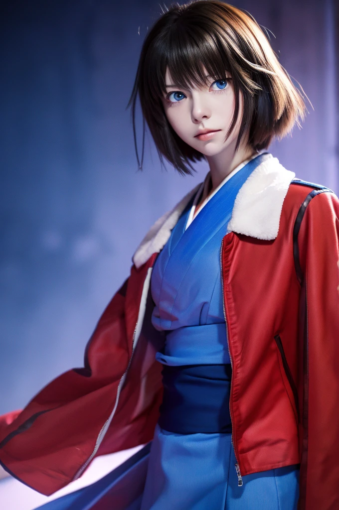 best quality, masterpiece, highres, solo, (dynamic angle), (cool), (hmshiki), Ryougi Shiki, (short hair, ahoge, red jacket, blue eyes, blue kimono, open clothes, fur trim), wield a knife at viewer, red moon, rain_blood rain, portrait, perfect anatomy, perfect proportion, noise removal