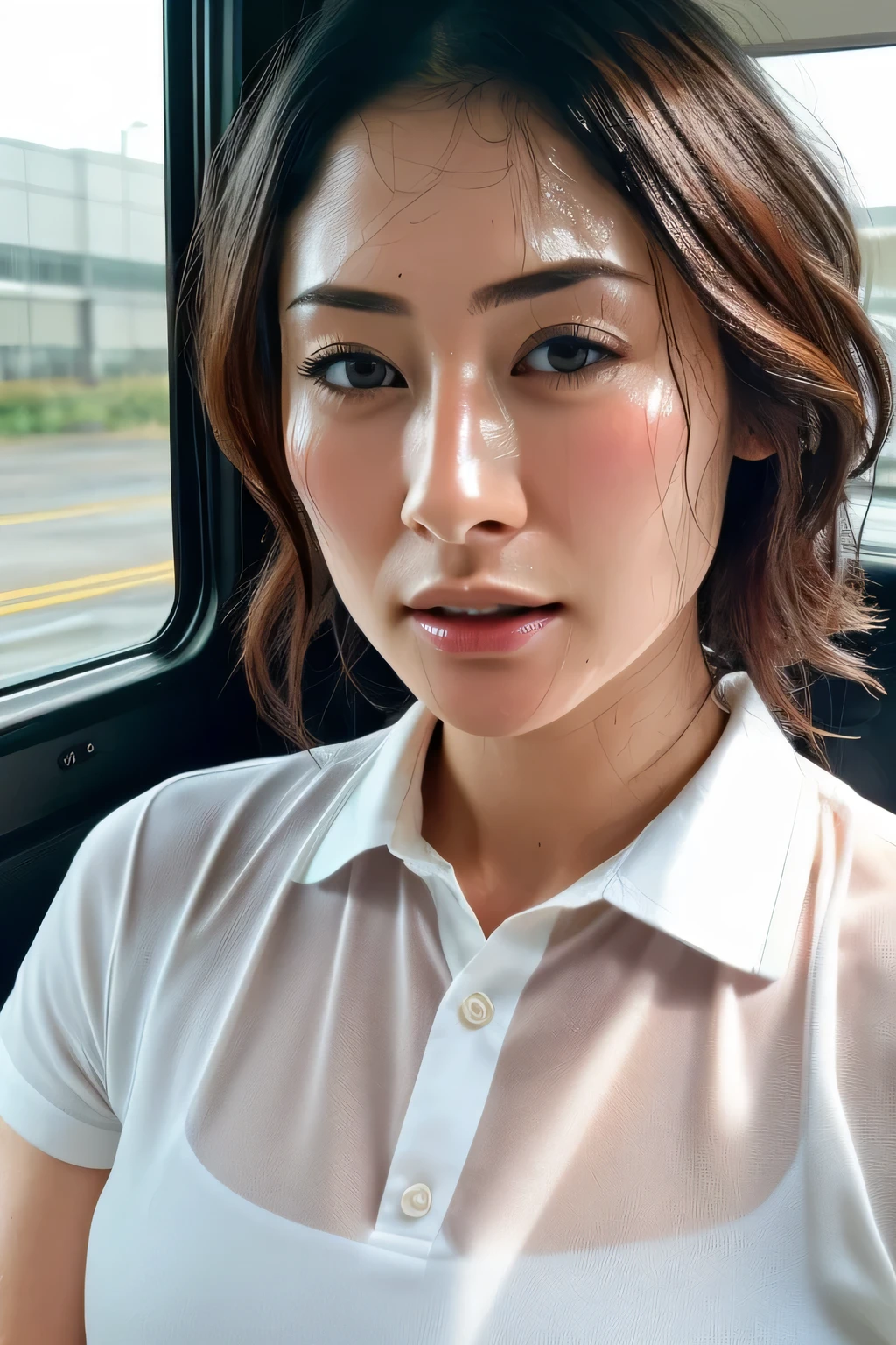beautiful Japanese actress ,(photo realistic:1.4), (hyper realistic:1.4), ( realistic:1.3), very detailed, edge orgasm ,face Focus, woman opening her mouth and closing her eyes , Edgy woman _face、3、 dark-haired、 midnight long-distance bus seat ,Inside a night bus , closing the window curtain ,((sweat)),((skin shining with sweat))((Clabrasion glistening with sweat,face shining with sweat)),((sweaty skin))((sweaty skin)),Entrance to the house、 In front of the entrance 、In front of the shoebox、 white shirt,Hair tied up、teacher,(( wet filter )),((face shot)) have small heads ,