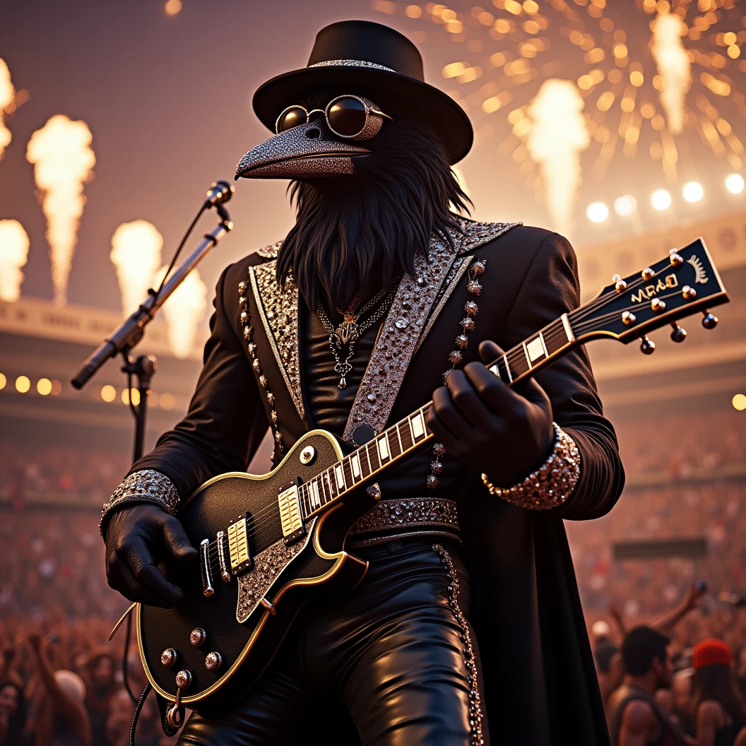 Muscular Anthropomorphic raven donned in intricate black suit with gold trim made of diamonds and a black diamond fedora. Diamonds cover his beak. Dynamically singing. Wears large sunglasses. Lead singer and guitarist of the band "Obsidian Rhythm Project" the name pronted on the bands drum set. Sings in to a retro style microphone while playing his guitar. Behind the open air stage, fireworks burst. Massive stadium concert, with a huge crowd cheering for him. The words "Happy New Year MAB!!! Live From The Pearl" flashes on the stadium jumbotron. Dynamic jazz band scene, dynamic pose, High Resolution, Masterpiece, Cinematic, Character Design, Hyperdetailed, Cinematography,  cinematic lighting, Depth Of Field, Sparkle, Ray Tracing, Image Fill, Dynamic Pose, old fashion microphone 