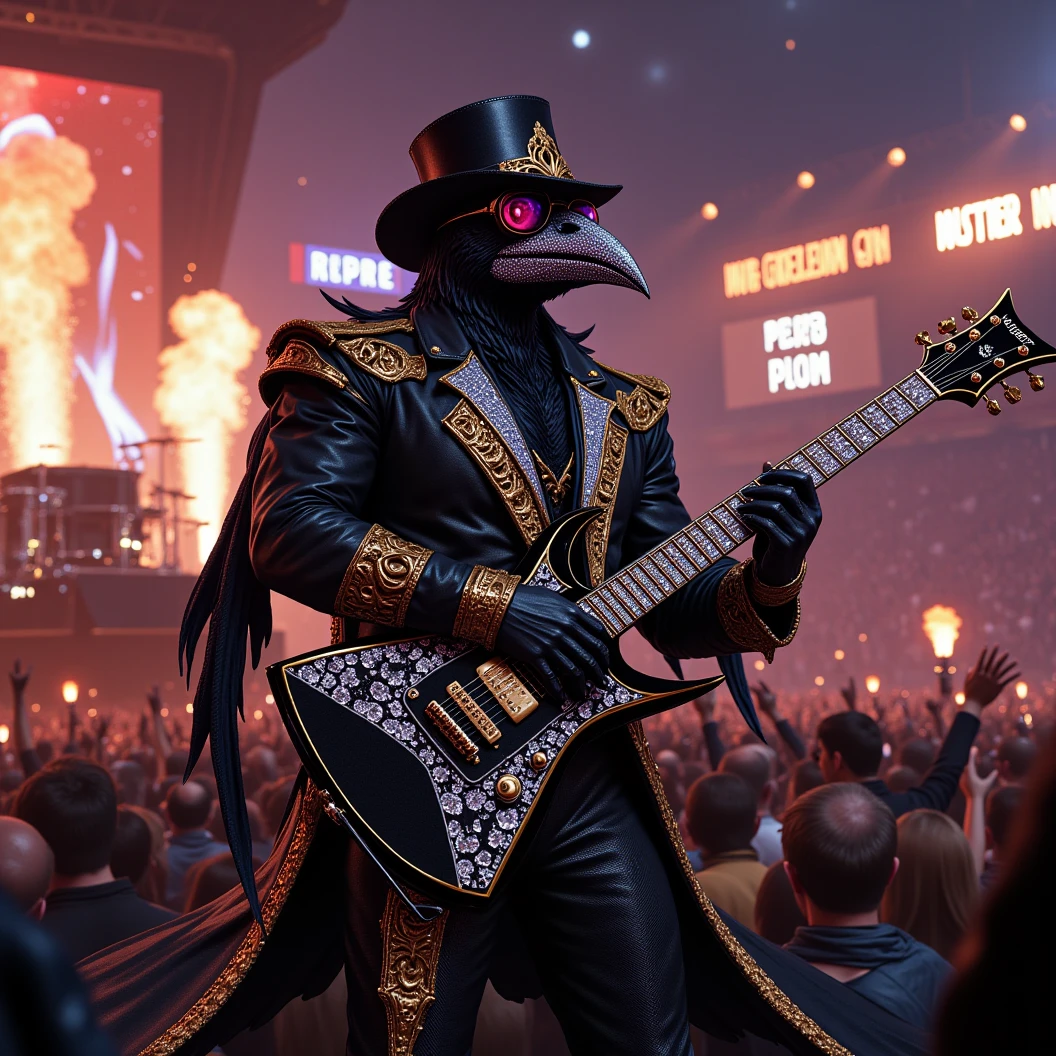 Muscular Anthropomorphic raven donned in intricate black suit with gold trim made of diamonds and a black diamond fedora. Diamonds cover his beak. Dynamically singing. Wears large sunglasses. Lead singer and guitarist of the band "Obsidian Rhythm Project" the name pronted on the bands drum set. Sings in to a retro style microphone while playing his guitar. Behind the open air stage, fireworks burst. Massive stadium concert, with a huge crowd cheering for him. The words "Happy New Year MAB!!! Live From The Pearl" flashes on the stadium jumbotron. Dynamic jazz band scene, dynamic pose, High Resolution, Masterpiece, Cinematic, Character Design, Hyperdetailed, Cinematography,  cinematic lighting, Depth Of Field, Sparkle, Ray Tracing, Image Fill, Dynamic Pose, old fashion microphone 