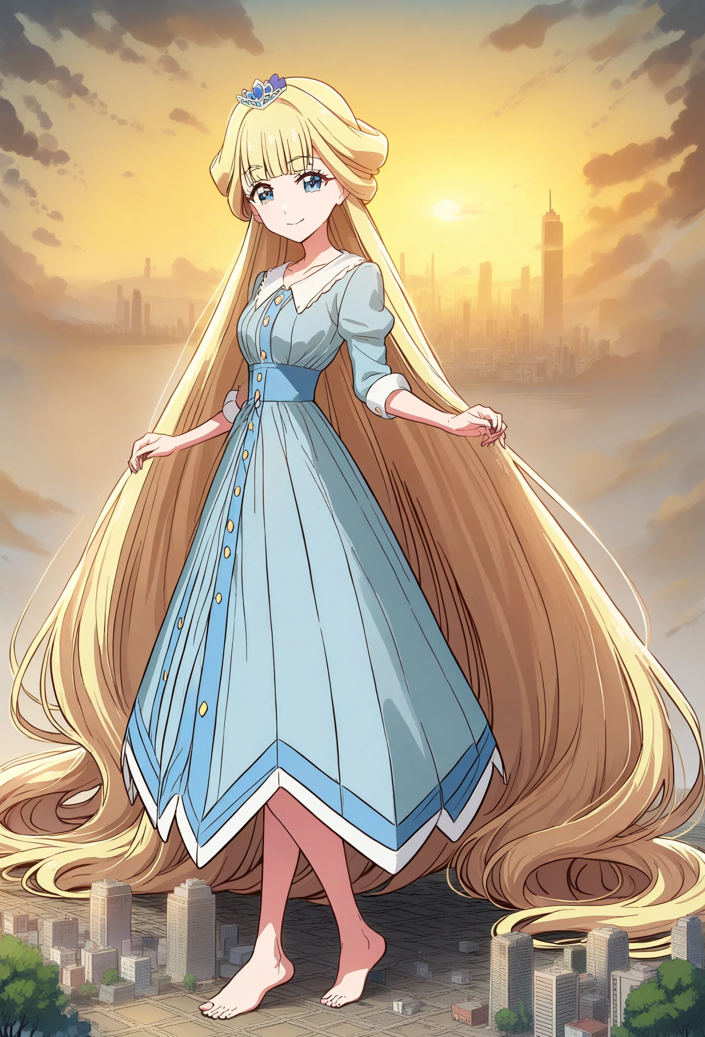 1girl, nekoyashiki yuki, wonderful precure!,solo, absurdly long hair, blonde hair, blue eyes, cowboy shot, looking at viewer, light smile, cityscape, closed mouth, barefoot, light blue princess dress, short puffy sleeves, big breasts, floor length hair, Her hair trails behind her, brushing against the floor and filling the room best quality, very aesthetic, absurdres, giantess, mega size