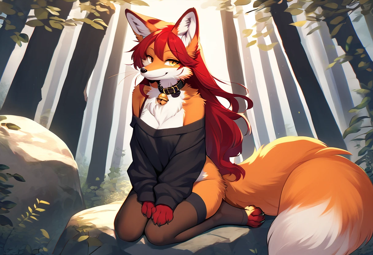 full body、Solo、unpralleled masterpiece、perfect artwork、highres、Elegant、Mysterious、Detailed、 Beautiful、Voluptuous、score_9、 score_8_up、 score_7_up、moody atmosphere、mysterious、fox、kitsune、cute vixen、anthro、orange fur、(kemono、furry anthro)、(long hair、beautiful hair、dark scarlet red hair)、yellow eyes、(tuft of fur)、(digitigrade、claws、fox paws、exposed feet)、(foxy whiskers)、(heavily shaded orange body、dark black shading on body)、(sassy pose、sassy hips、sassy、flirtatious)、fluffy tail、(light smile、soft smile、smiling cutely)、wearing (Black simple stylish long socks、non-transparent thigh highs、Black crop off shoulder sweater、Collar with gold bell)、(in a forest、boulder)、foggy、looking at viewer with adoration, on knees、on a boulder