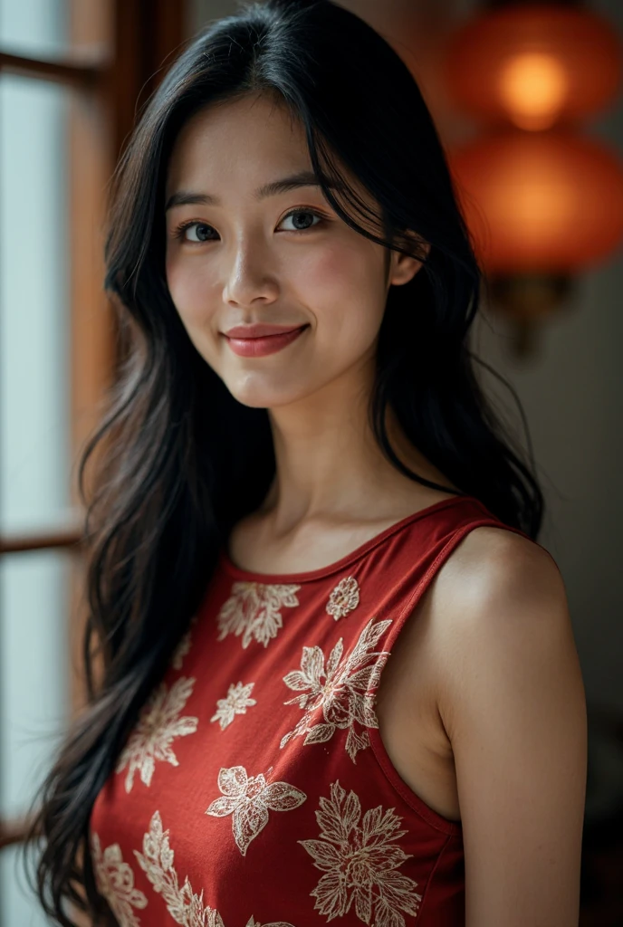 HDR photo of cinematic film still,This is a beautiful photograph of a woman,black hair cascading over her shoulders,She is wearing a boatneck chinese dress,Standing,Looking at the viewer. Smile,