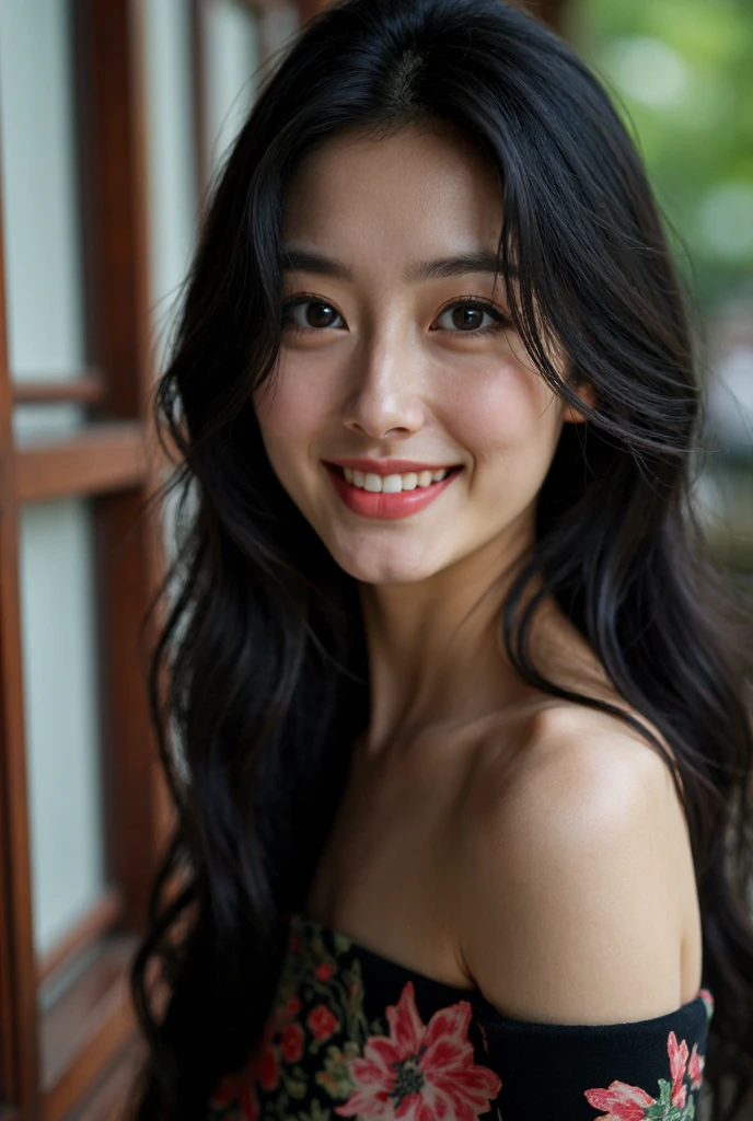 HDR photo of cinematic film still,This is a beautiful photograph of a woman,black hair cascading over her shoulders,She is wearing a boatneck chinese dress,Standing,Looking at the viewer. Smile,