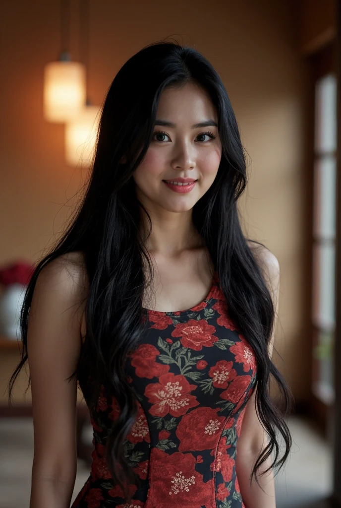 HDR photo of cinematic film still,This is a beautiful photograph of a woman,black hair cascading over her shoulders,She is wearing a boatneck chinese dress,Standing,Looking at the viewer. Smile,