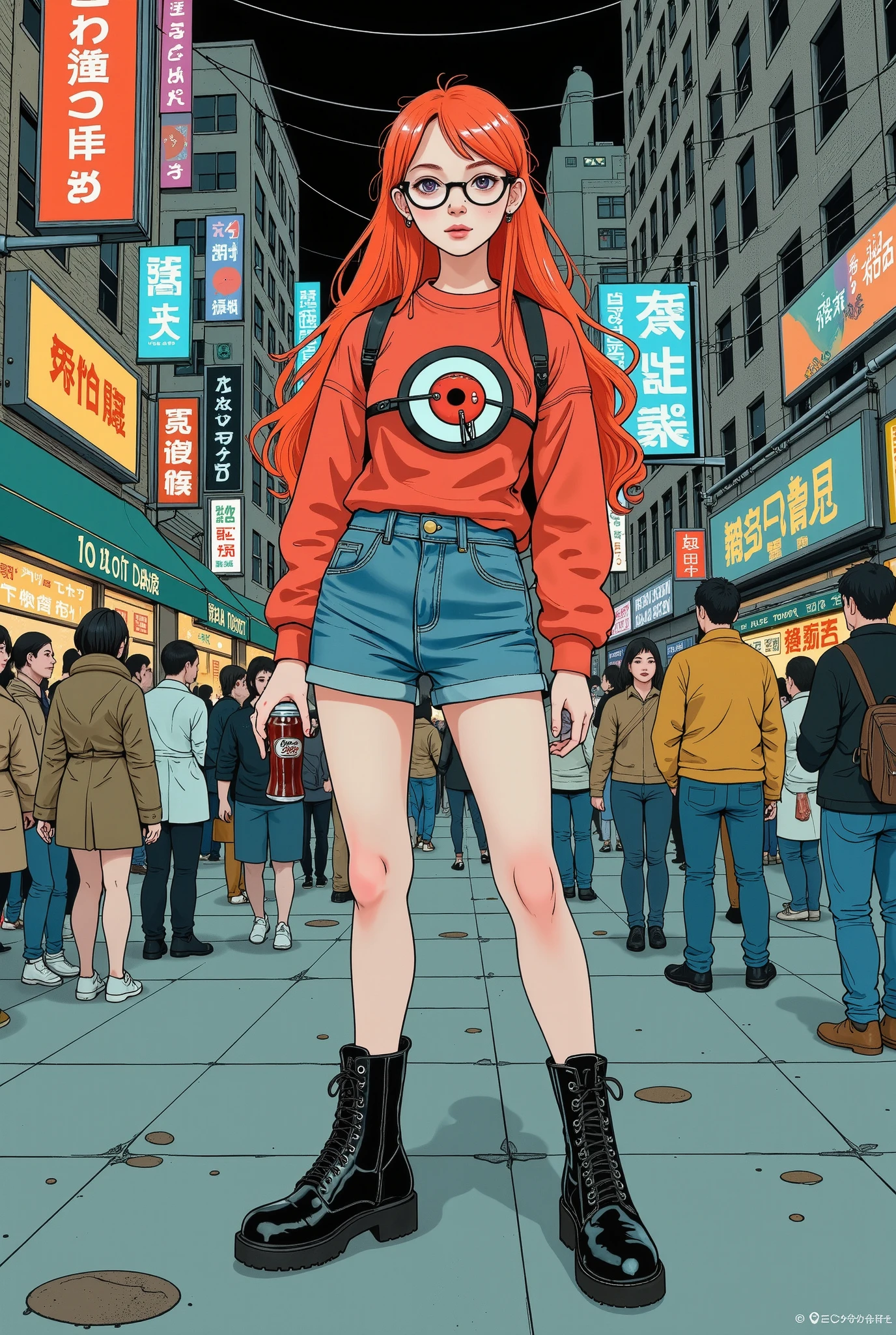  Pale skinned girl wearing oval glasses while drinking a Coca-Cola , wearing a red shirt with a red-eyed heart sign , long red hair with pierced nose and ears ,  wearing big boots while standing in a night crowd in New York ; Marvel comic book 
