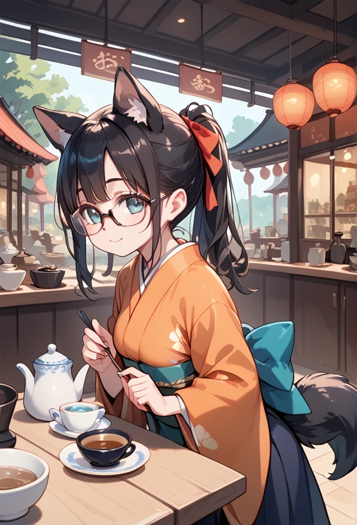 Black hair, glasses, dog ears, dog tail, kimono, tea shop