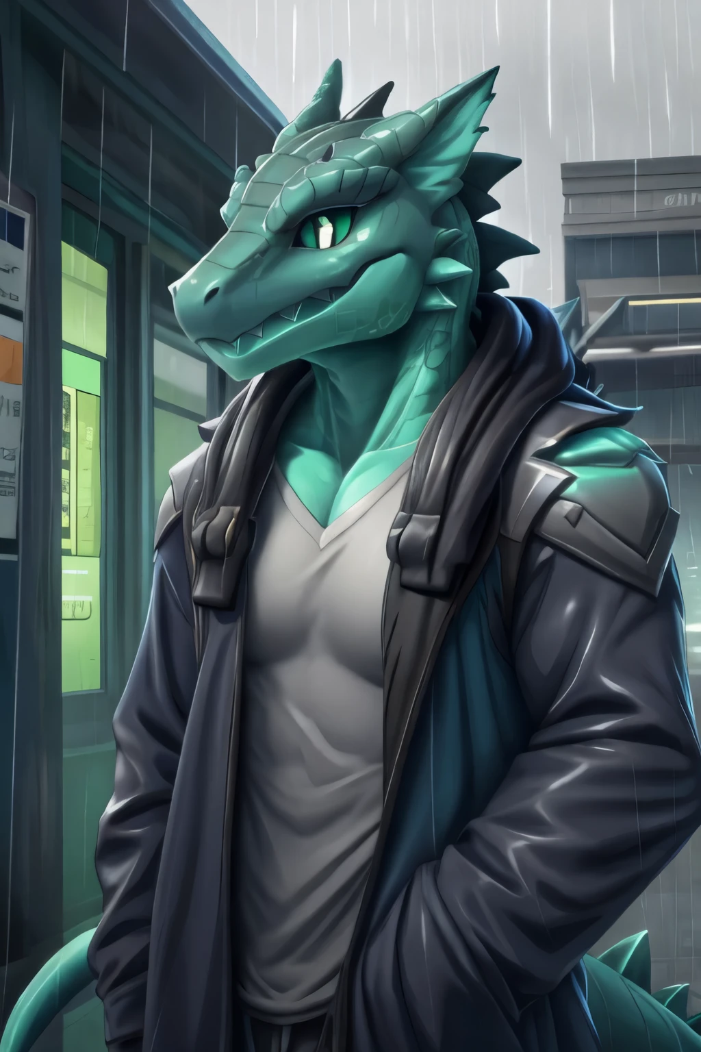 cerberus-fortnite,masterpiece, best quality, perfect anatomy, bright eyes, watery eyes, kemono, furry, (lizard:1.4), (felis:0.25), male, solo, baggy clothing, (open smile:1.1), gentle, looking at viewer, train station, rain, waterdrop:0.9), grey sky, raining, (fog:0.4), detailed eyes
