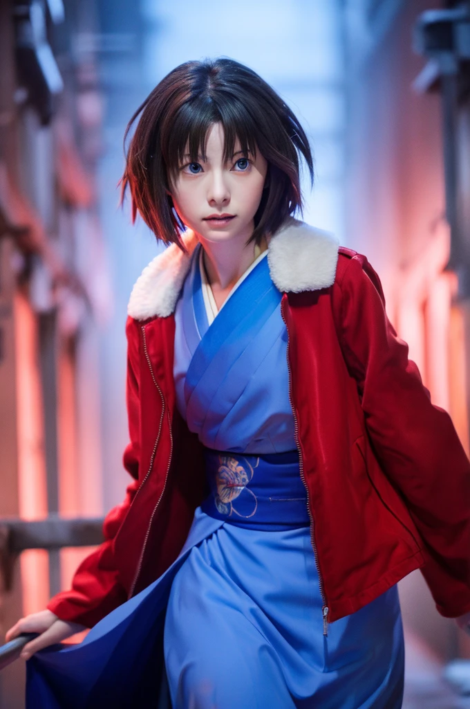 best quality, masterpiece, highres, solo, (dynamic angle), (cool), (hmshiki), Ryougi Shiki, (short hair, ahoge, red jacket, blue eyes, blue kimono, open clothes, fur trim), wield a knife at viewer, red moon, rain_blood rain, portrait, perfect anatomy, perfect proportion, noise removal,センターパート