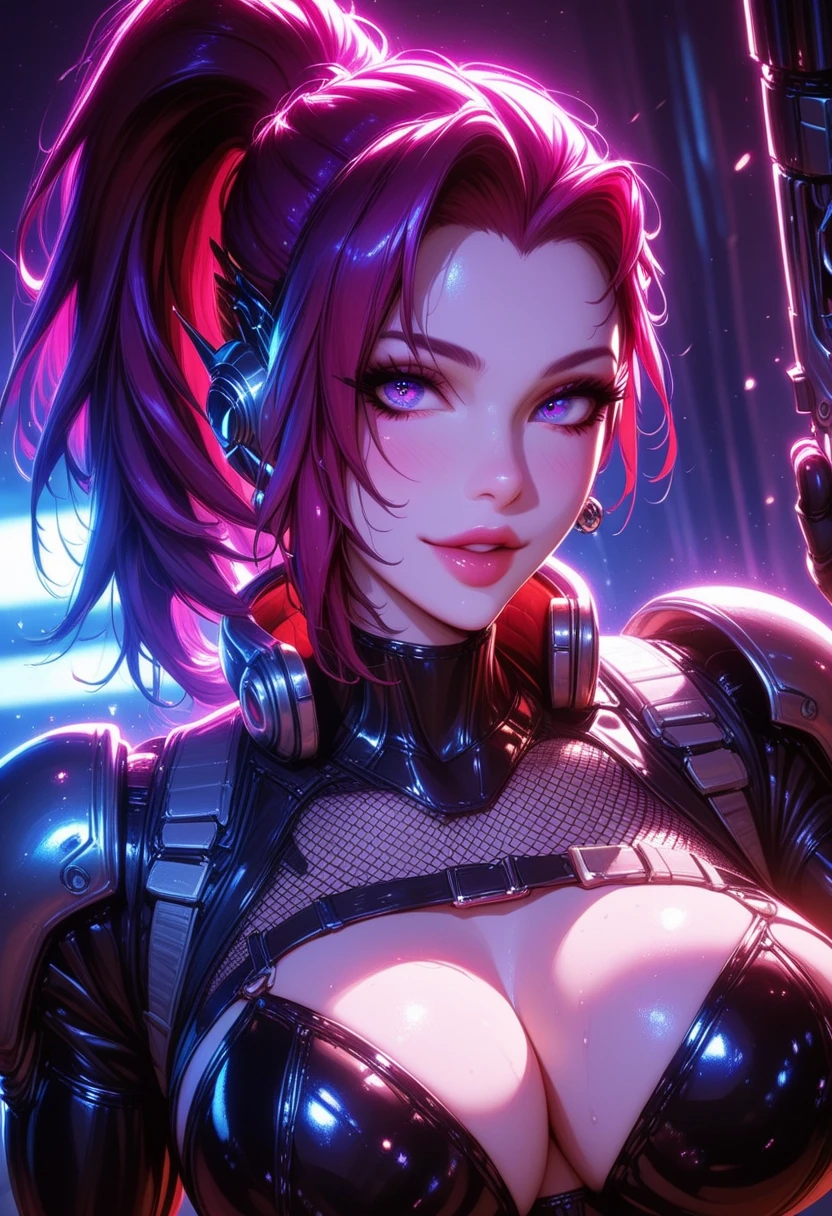 ultra detailed illustration female character, (focus on cute face) anime villain character wearing dark clothes, ultra detailed futuristic city environment, surrounded by iridescent soap bubbles, floating hair, very colorful, lots of colors, vector art by MSchiffer, ((motion effects)), crazy looking villain, league of legends merged with darkest dungeon, ((bold gothic makeup)), dark auburn/ginger hair in ponytail, miniskirt, crop top
