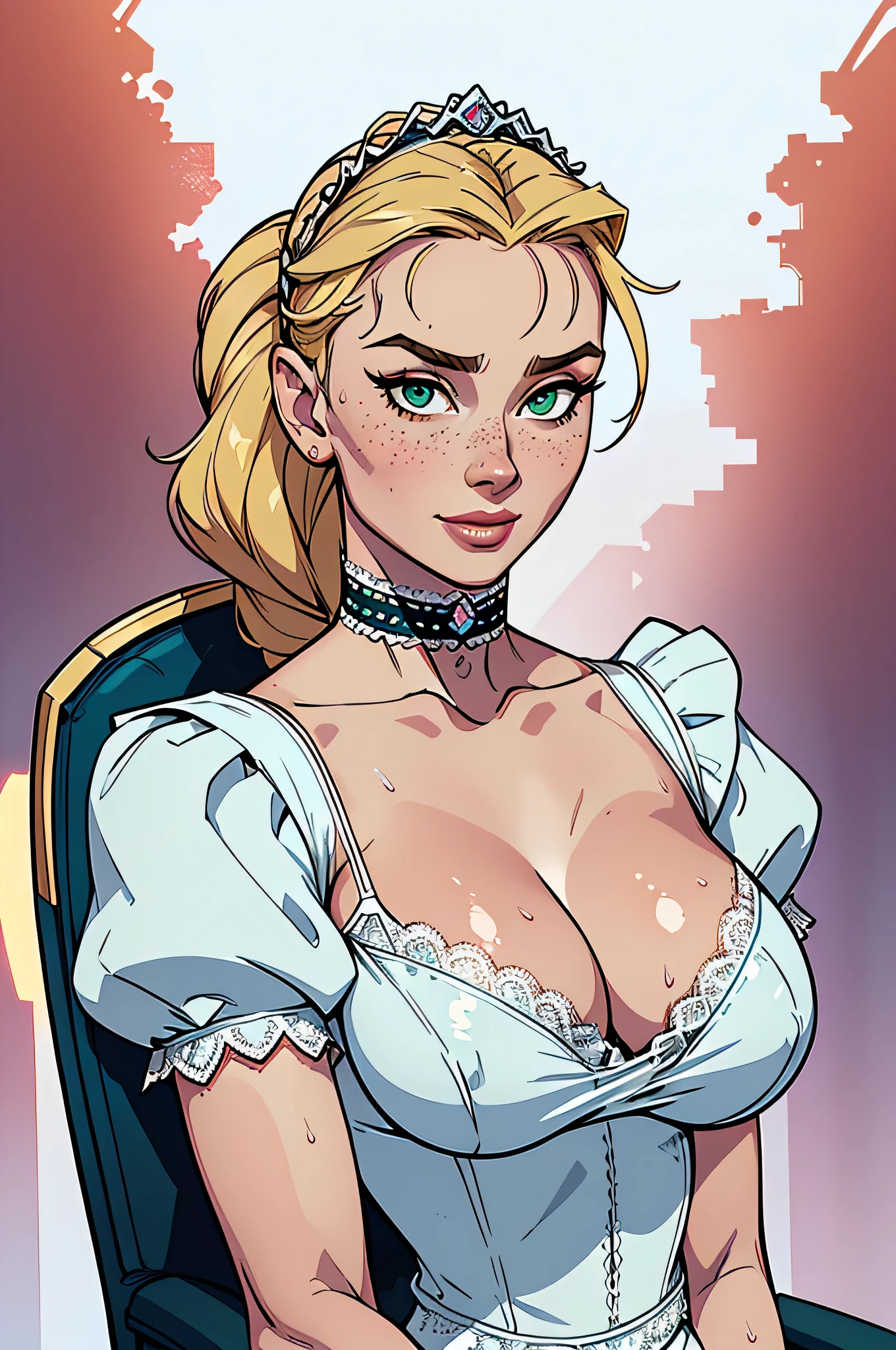 ( absurd, hq, ultra detailed lingerie top , anatomically correct , Beware of your hand ) Close-up of a thin woman, busty and athletic , 25 years, 8k (( high definition )), beautiful smile, seductive look, green eyes, nose fine, wearing a long white royal dress ((lace boat neckline, with short puffy sleeves , choker and tiara)), nose fine, arms positioned on the sides of her body, white skin , long blond hair ((with a braided ponytail )), sitting in an armchair ((Close on the upper body )), with freckles on your chest and neck , (( big round breasts, Wet with sweat )). Marvel style (( high definition )), white background.