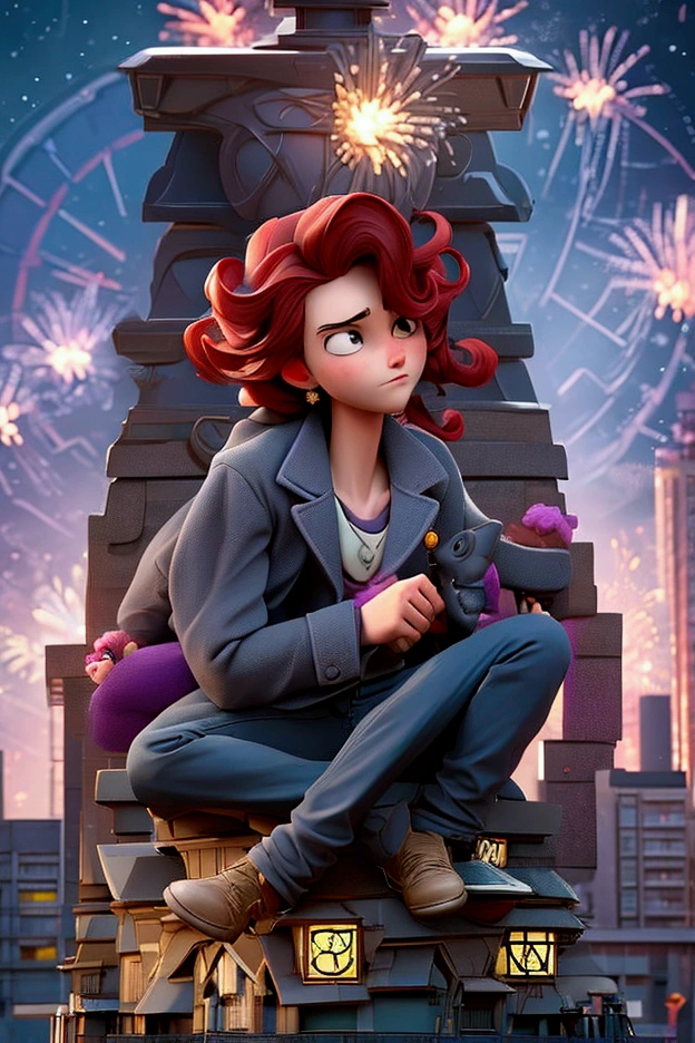 3D,The main body of the picture is a boy and a girl sitting on a huge clock. The clock is half displayed in the picture. The backs of the boy and the girl are in the background. The night scene of high-rise buildings,the blue-purple sky,and fireworks are blooming.