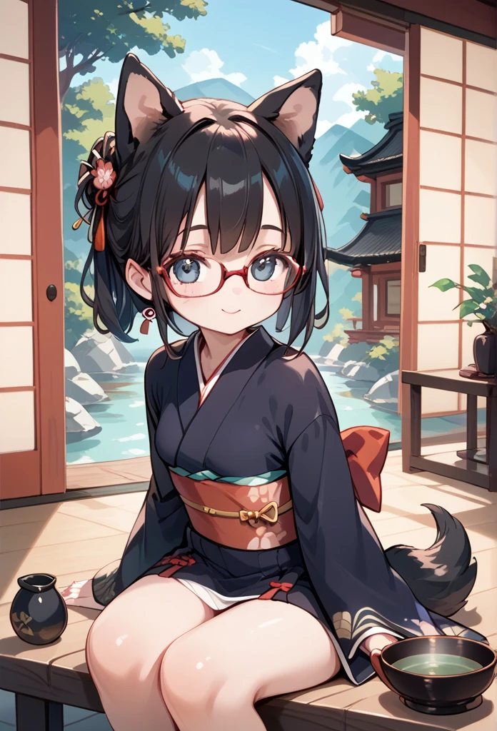 Black hair, glasses, dog ears, dog tail, kimono, Japanese tea house