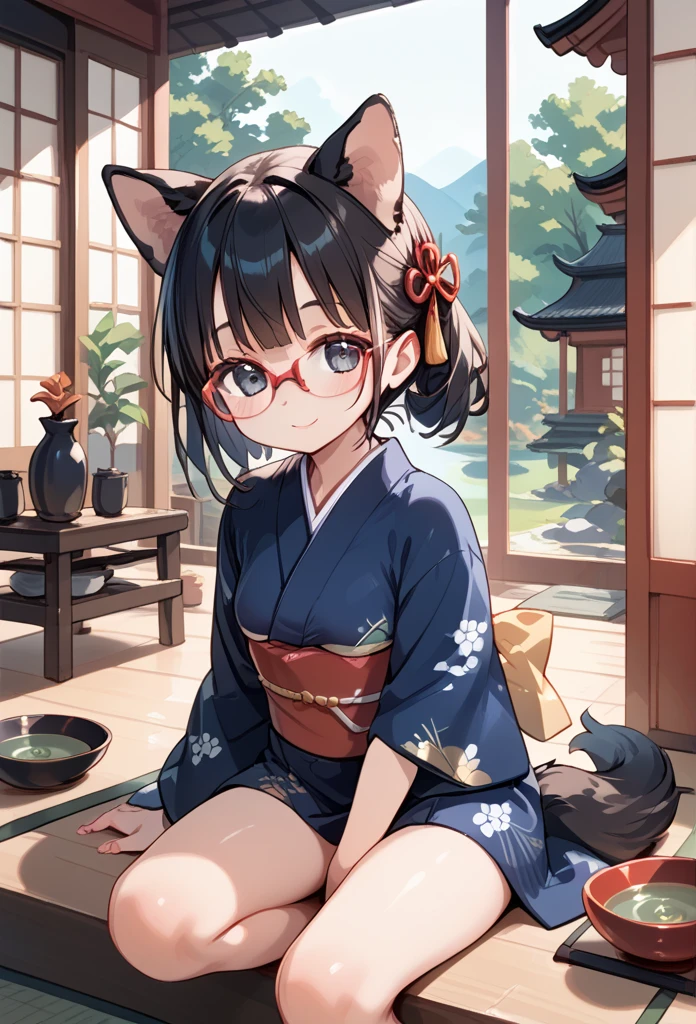 Black hair, glasses, dog ears, dog tail, kimono, Japanese tea house