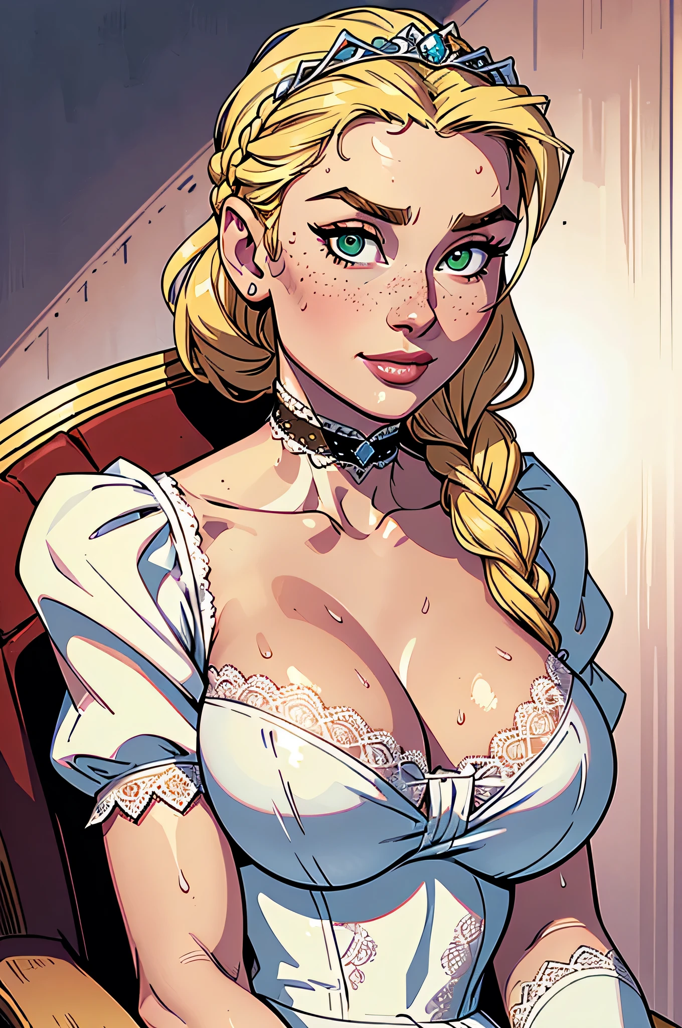 ( absurd, hq, ultra detailed lingerie top , anatomically correct , Beware of your hand ) Close-up of a thin woman, busty and athletic , 25 years, 8k (( high definition )), beautiful smile, seductive look, green eyes, nose fine, wearing a long white royal dress ((lace boat neckline, with short puffy sleeves , choker and tiara)), nose fine, arms positioned on the sides of her body, white skin , long blond hair ((with a braided ponytail )), sitting in an armchair ((Close on the upper body )), with freckles on your chest and neck , (( big round breasts, Wet with sweat )). Marvel style (( high definition )), white background.
