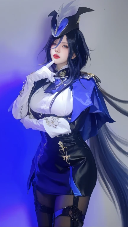 (female:1.2) (bodybuilder:0.8), hyper realistic, masterpiece, photorealistic, real skin, detailed face, detailed skin, detailed lighting, 1girl, (brown eyes), long hair, ((blue hair)), large breasts, navel, thigh, smile, hand on hip
