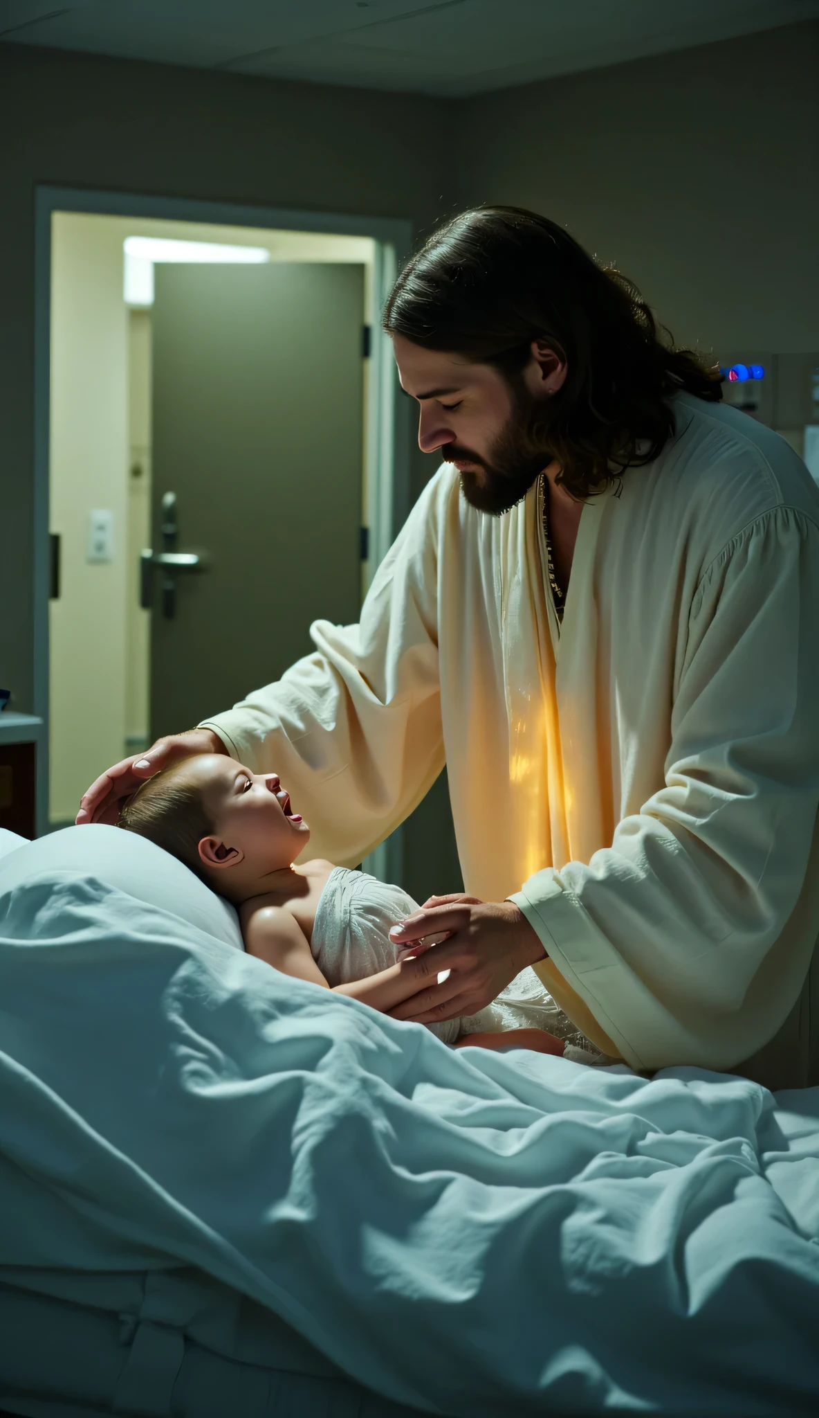 Create a hyper-realistic and emotionally intense hospital scene at night. In the foreground, a sick dressed in white lies in a hospital bed, crying softly with visible distress. Beside the bed, Jesus stands close to the babyessed in flowing white robes and radiating a soft golden light. His expression is calm and protective, with one hand gently reaching toward the baby, offering comfort and peace. In the background, there is an open doorway that lead to an empty corridor. The room is bright, with soft medical monitors glowing in the background. The camera angle is slightly above and to the side, with a wide angle and zoomed out framing, capturing all elements in a single frame with dynamic composition.