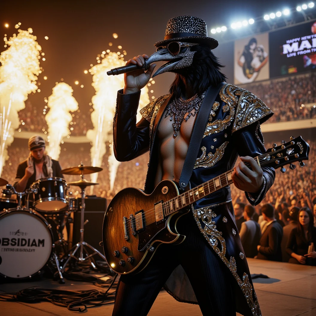 Muscular Anthropomorphic raven donned in intricate black suit with gold trim made of diamonds and a black diamond fedora. Diamonds cover his beak. Dynamically singing. Wears large sunglasses. Lead singer and guitarist of the band "Obsidian Rhythm Project" the name pronted on the bands drum set. Sings in to a retro style microphone while playing his guitar. Behind the open air stage, fireworks burst. Massive stadium concert, with a huge crowd cheering for him. The words "Happy New Year MAB!!! Live From The Pearl" flashes on the stadium jumbotron. Dynamic jazz band scene, dynamic pose, High Resolution, Masterpiece, Cinematic, Character Design, Hyperdetailed, Cinematography,  cinematic lighting, Depth Of Field, Sparkle, Ray Tracing, Image Fill, Dynamic Pose, old fashion microphone 