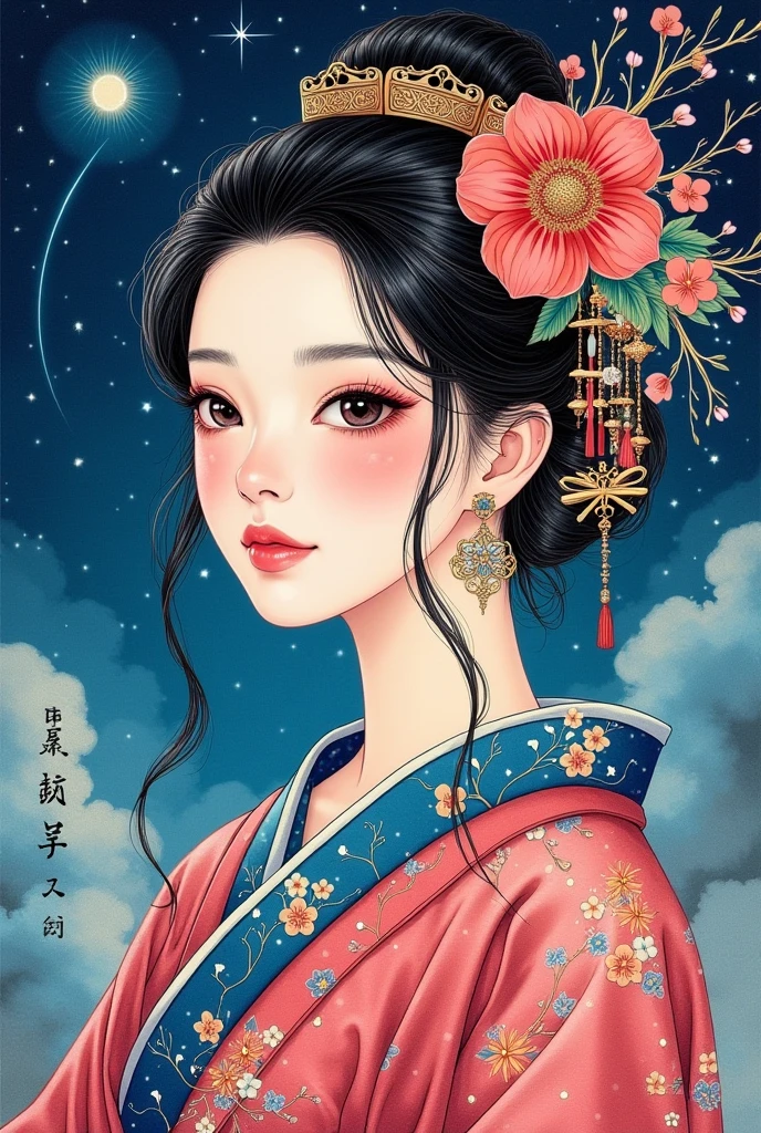 A beautiful oriental goddess、Fusion of ink painting and watercolor painting、 vivid colors、Various colors、 starry sky 、 shooting star、 best quality、masterpiece、