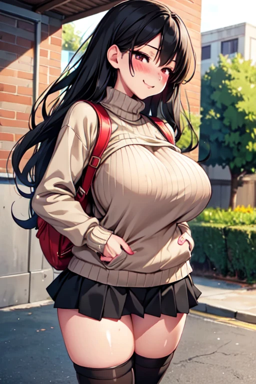 1girl,,black hair,,huge breasts,slender,half closed eyes,black long hair,,sweating,blush,,gyaru,red backpack,pixel art,,micro skirt,long sleeves,looking viewer,smile,closed mouth,outdoor,from below,socks,thighhighs,sweater, naked