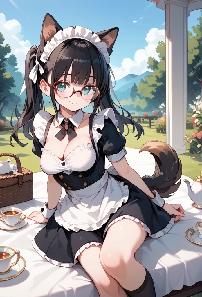 rabbit girl,black long hair wavy hair,rabbit ears,rabbit tail,white fur,glasses,maid outfit,maid headdress,white glove,black stocking,ribbon bowtie,looking at viewer,flower garden,smile,open mouth,happy face,heart eyes,hand at face,upper body only,selfie,high angle
