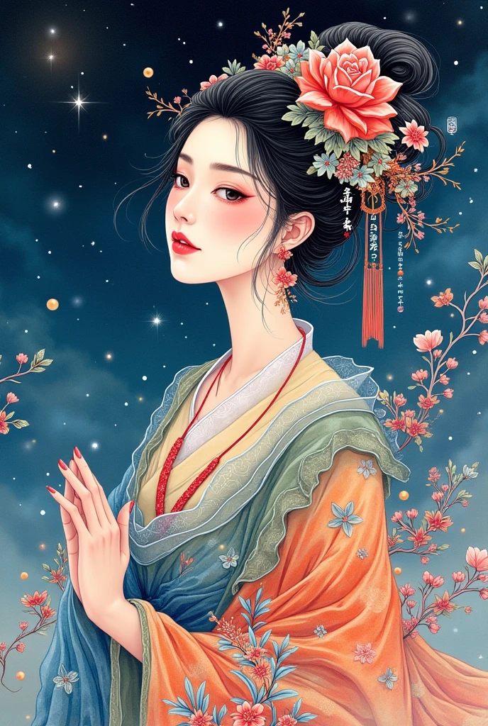 A beautiful oriental goddess、Fusion of ink painting and watercolor painting、 vivid colors、Various colors、 starry sky 、 shooting star、 best quality、masterpiece、