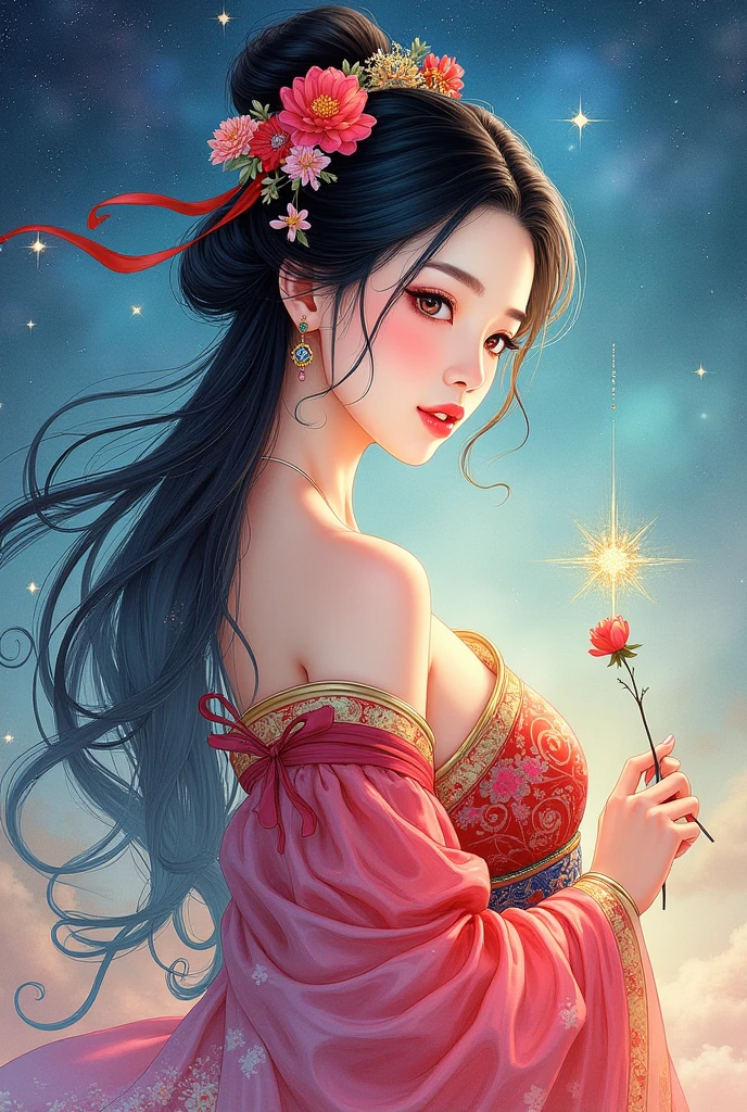 A beautiful oriental goddess、Fusion of ink painting and watercolor painting、 vivid colors、Various colors、 starry sky 、 shooting star、 best quality、masterpiece、