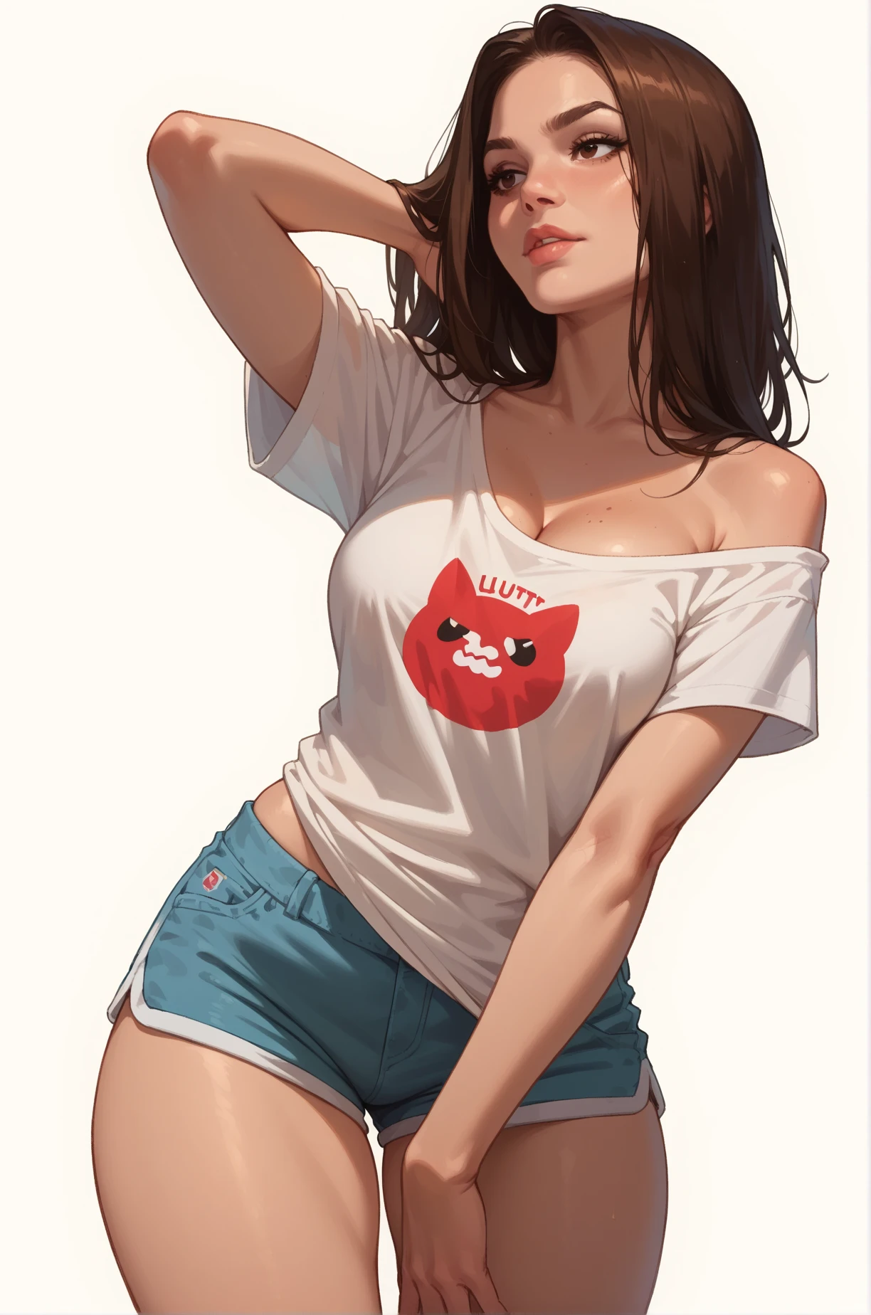 score_9, score_8_up, score_7_up, cartoon of a girl, solo, sexy, slutty, brown eyes, brown hair, straight hair, shorts, oversized t-shirt, cleavage, medium breast, wide hips, thighs, standing, dynamic angle, white background