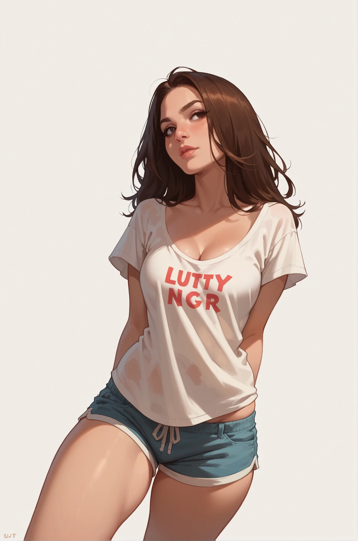 score_9, score_8_up, score_7_up, cartoon of a girl, solo, sexy, slutty, brown eyes, brown hair, straight hair, shorts, oversized t-shirt, cleavage, medium breast, wide hips, thighs, standing, dynamic angle, white background