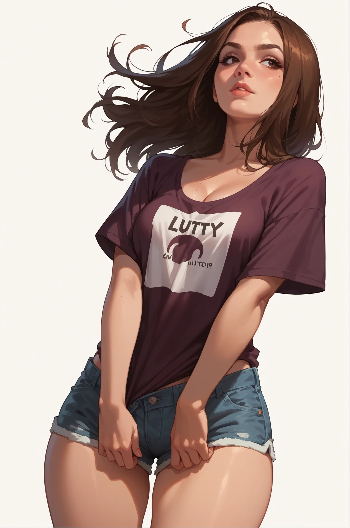 score_9, score_8_up, score_7_up, cartoon of a girl, solo, sexy, slutty, brown eyes, brown hair, straight hair, shorts, oversized t-shirt, cleavage, medium breast, wide hips, thighs, standing, dynamic angle, white background