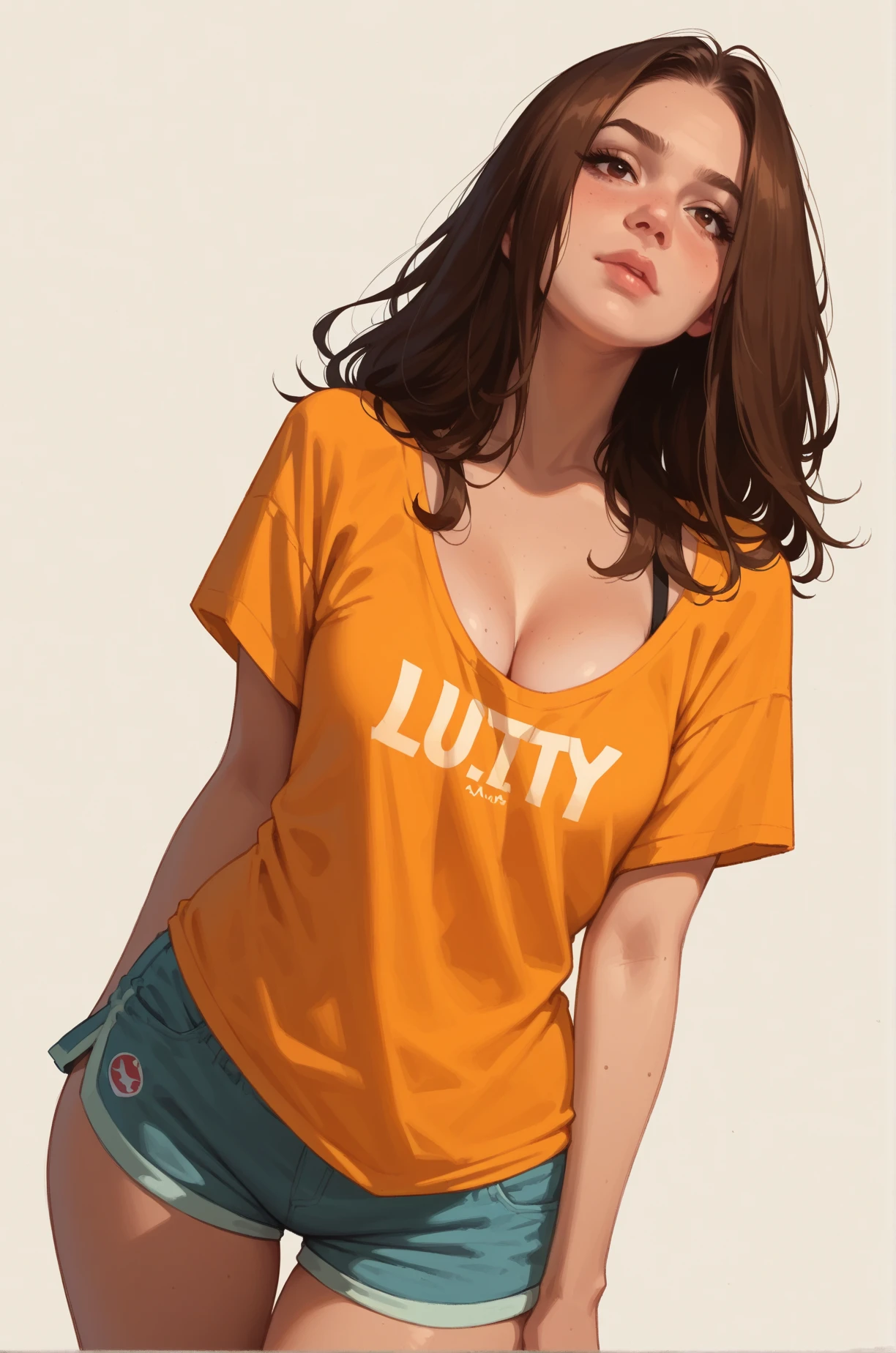 score_9, score_8_up, score_7_up, cartoon of a girl, solo, sexy, slutty, brown eyes, brown hair, straight hair, shorts, oversized t-shirt, cleavage, medium breast, wide hips, thighs, standing, dynamic angle, white background