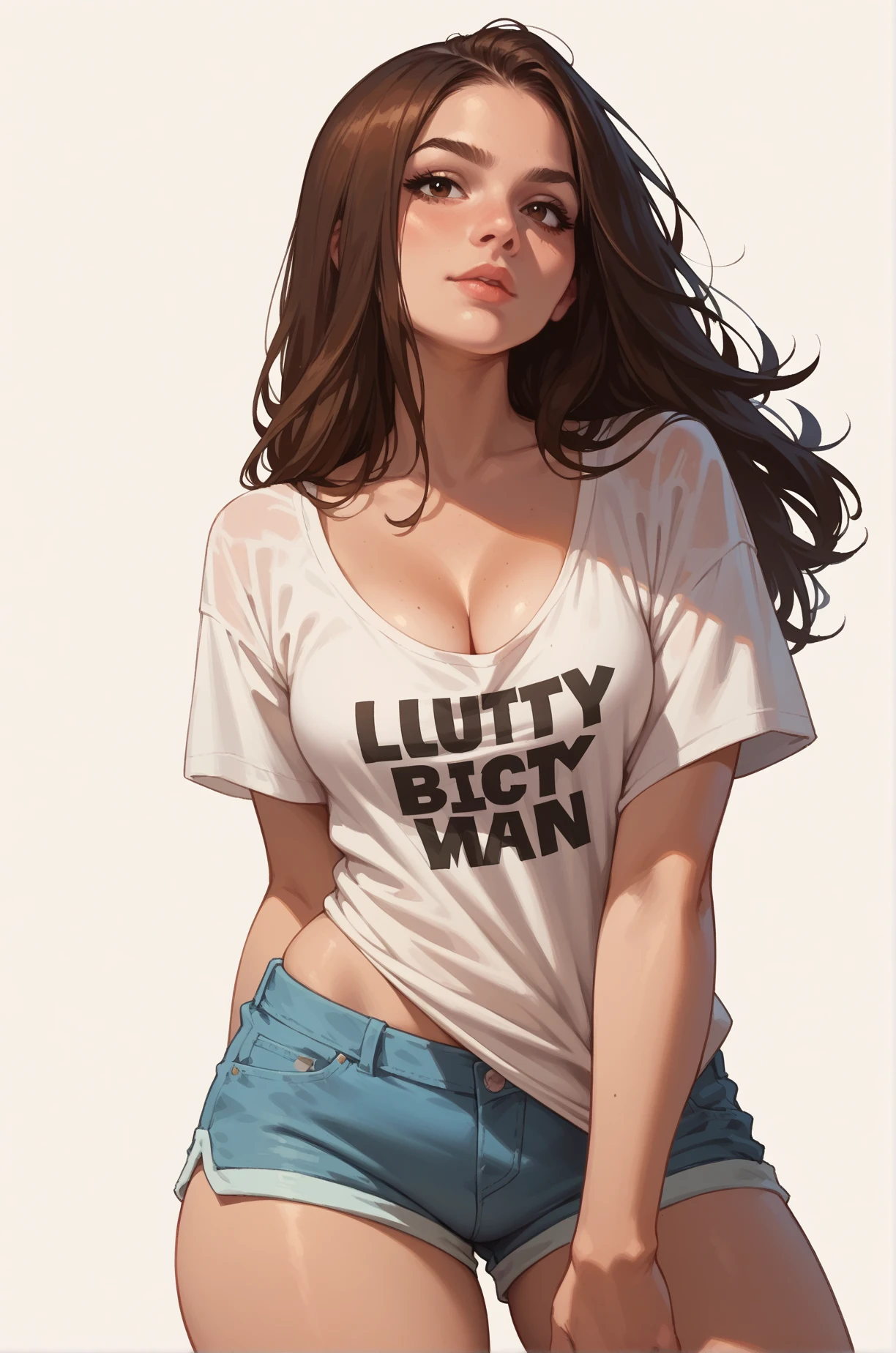 score_9, score_8_up, score_7_up, cartoon of a girl, solo, sexy, slutty, brown eyes, brown hair, straight hair, shorts, oversized t-shirt, cleavage, medium breast, wide hips, thighs, standing, dynamic angle, white background